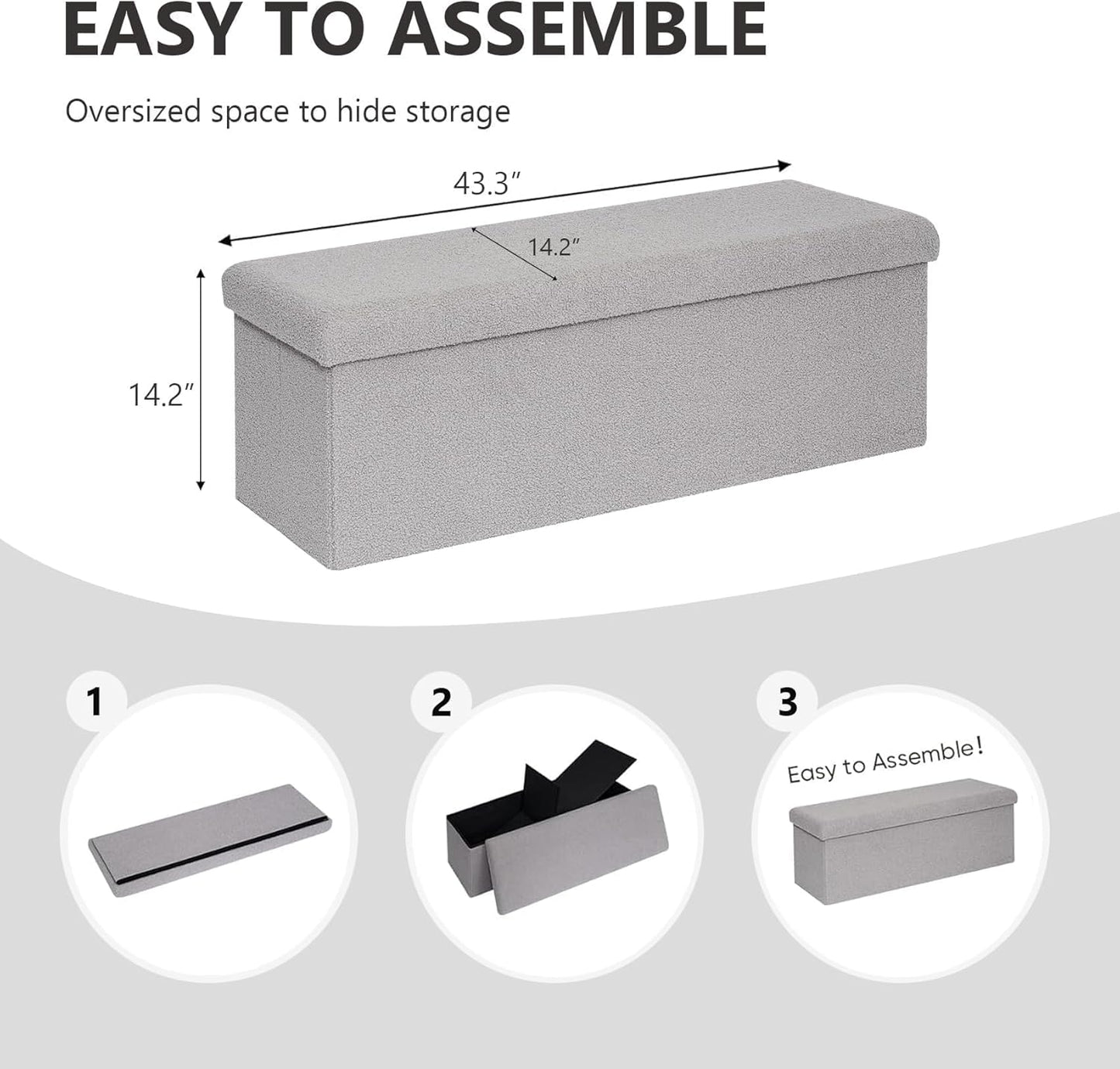 43 Inches Storage Ottoman Bench - Extra Large Foldable Ottoman with Storage, Bench for Living Room, Bedroom, Entryway - Grey