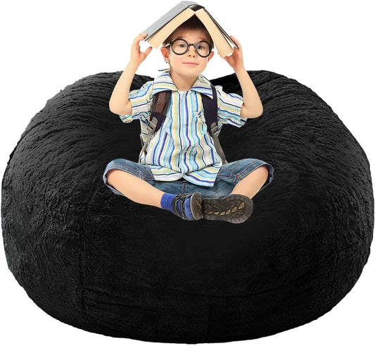 BCU Bean Bag Cover Comfy Beanbag Chair for Adults Without Filler Faux Fur Lazy Sofa Cover for Living Room Chairs, Black, 3.5FT