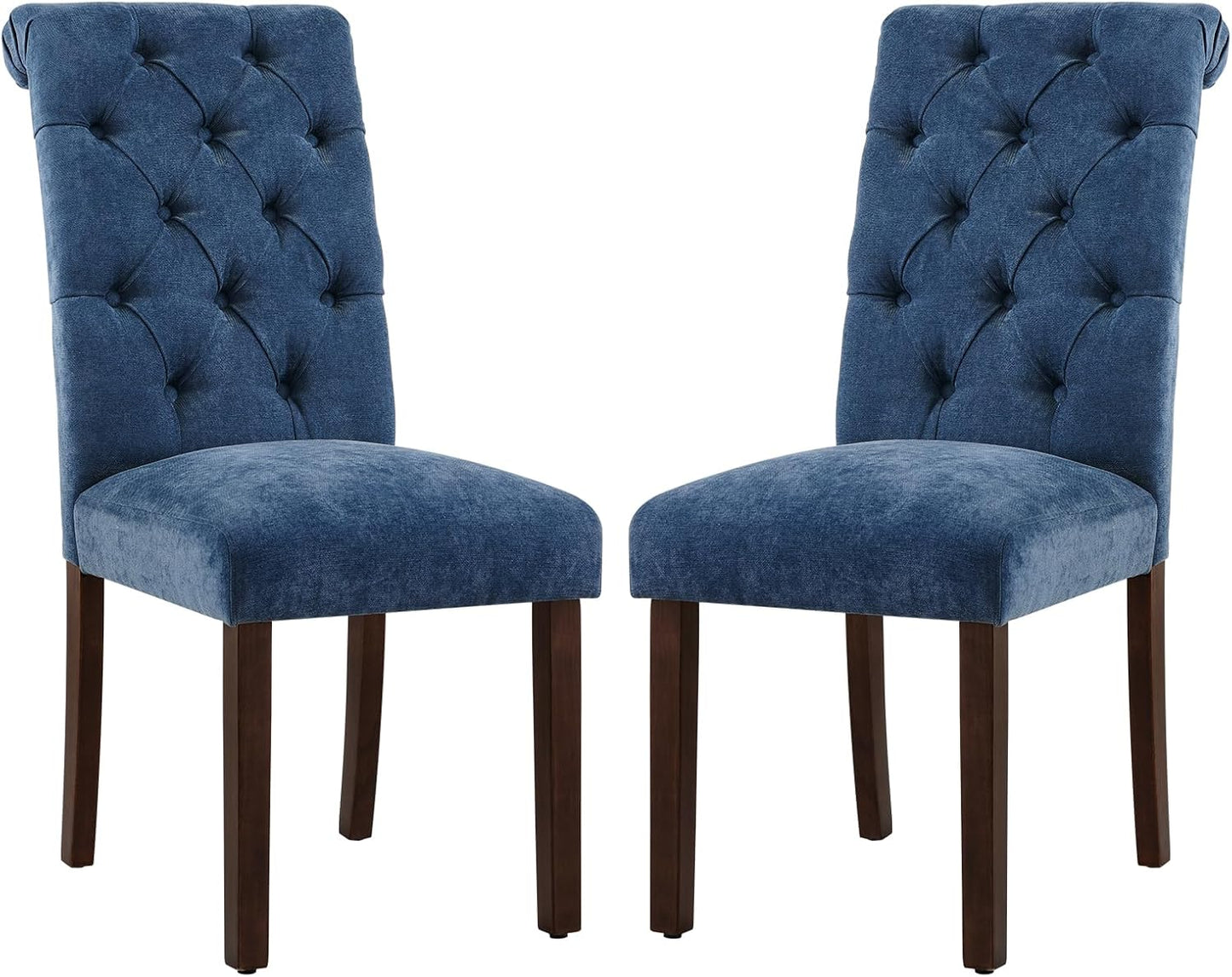 COLAMY Button Tufted Dining Chairs Set of 2, Parsons Upholstered Fabric Dining Room Chairs Kitchen Chairs with Wood Legs and Padded Seat, Blue