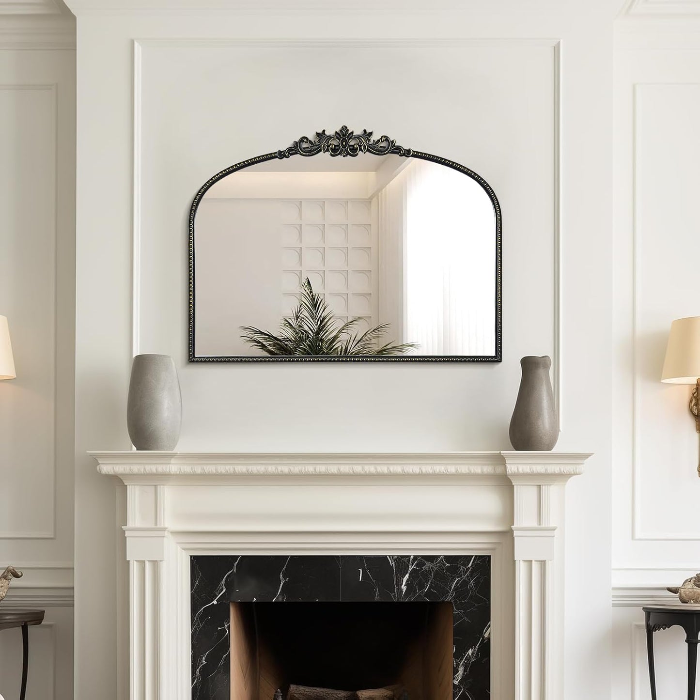 WallBeyond Black Antique Arched Vintage Wall Mirror, 24x32 Inch, Iron Frame, Bathroom, Living Room, Entryway