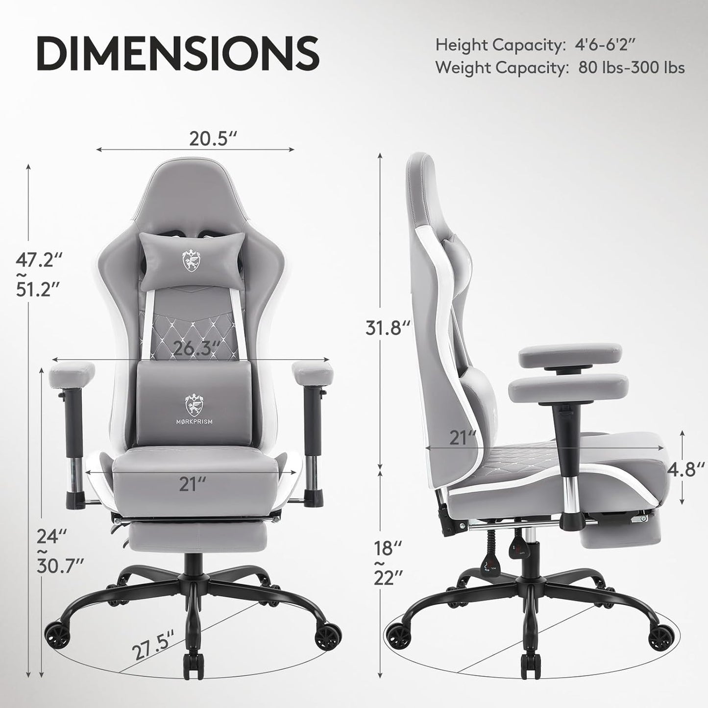 Gaming Chair,Computer Office Chair with Footrest,Massage Lumbar Support and Gel Pad,Ergonomic Reclining Leather Gamer Chair with Headrest,Adjustable Armrests and Spring Cushion Grey White