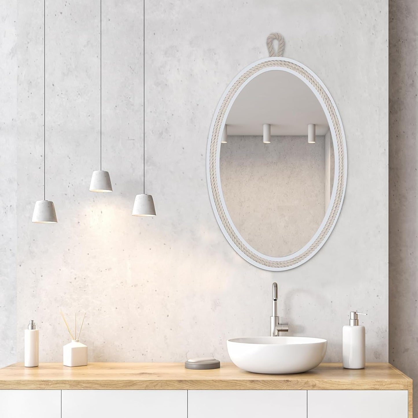 Farmhouse Wall Mirror Rope Mirror Decorative Mirror with Hanging Loop,Beach Nautical Mirror ,24 inches Lx16 inches W,Oval, White, Oval 24 inches Lx16 inches W