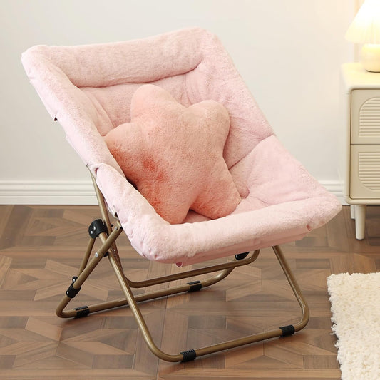 Welnow Comfy Saucer Chair, Oversized Folding Reading Chair for Adults with Throw Pillow Soft Faux Fur Lounge Chair for Bedroom Furry Accent Chair for Living Room, Dorm Rooms, Pink