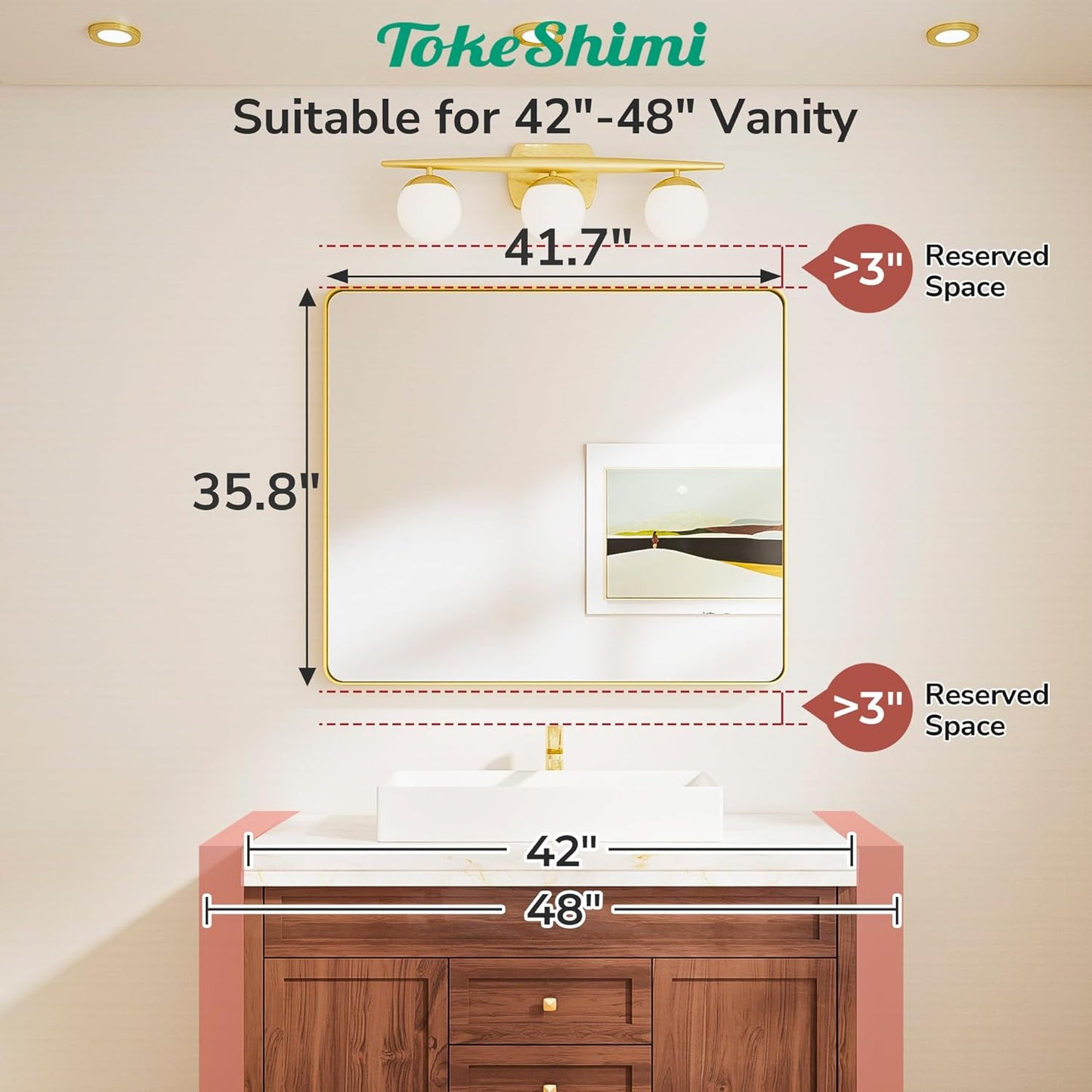 TokeShimi 42x36 Black Bathroom Mirror for Over Sink,Aluminum Framed Vanity Mirror with Tempered Glass,Modern Wall Mirrors(Horizontal/Vertical)