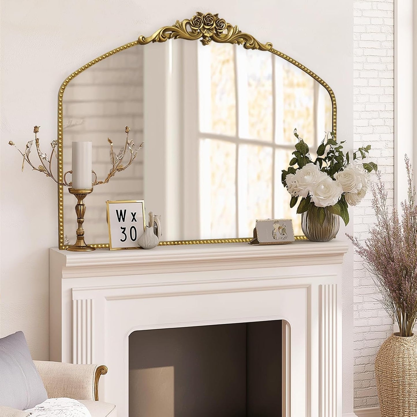 AIXI HOME Vintage Gold Arched Mirror 40"X30", Antique Baroque Mantel Mirror with Ornate Metal Frame, Victorian Dress Wall Mirror for Entryway/Fireplace/Living Room/Hallway/Bathroom/Bedroom