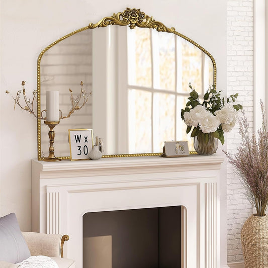 AIXI HOME Vintage Gold Arched Mirror 40"X30", Antique Baroque Mantel Mirror with Ornate Metal Frame, Victorian Dress Wall Mirror for Entryway/Fireplace/Living Room/Hallway/Bathroom/Bedroom