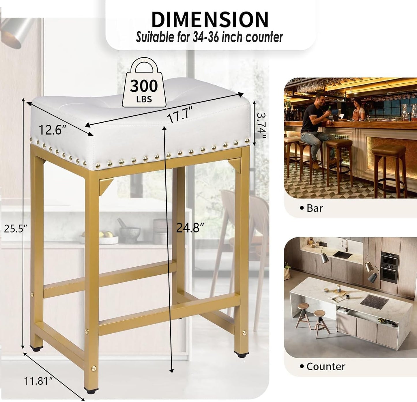 Bar Stools Set of 2, Counter Height Bar Stools for Kitchen Island, 24 Inch Modern White & Gold Saddle Backless Barstools, Counter Stool with Metal Base & Thick Saddle Seats(White+Gold)