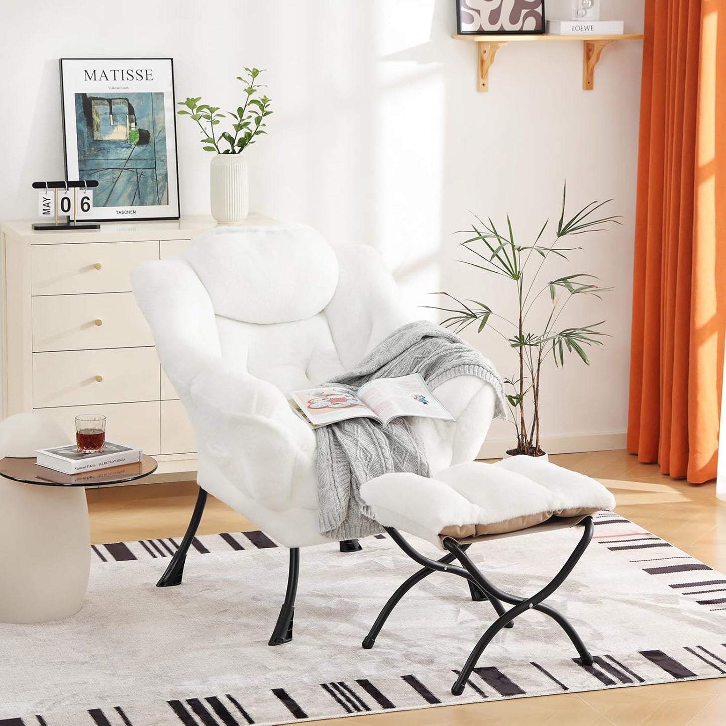 Cozy Lazy Chair and Ottoman, Large Contemporary Accent Lounge Chair Set, Leisure Upholstered Reading Armchair for Bedroom, Living Room, Dorm Rooms, Office