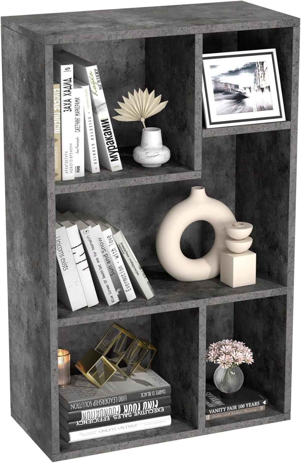 VECELO 5 Cube Modern Bookcases, 3 Tier Bookshelves, 31 Inch High Cubby Storage Organizer, Shelf Hight Up to 12.8 Inches Suit for Most Books, Vertical or Horizontal Use Available,Grey