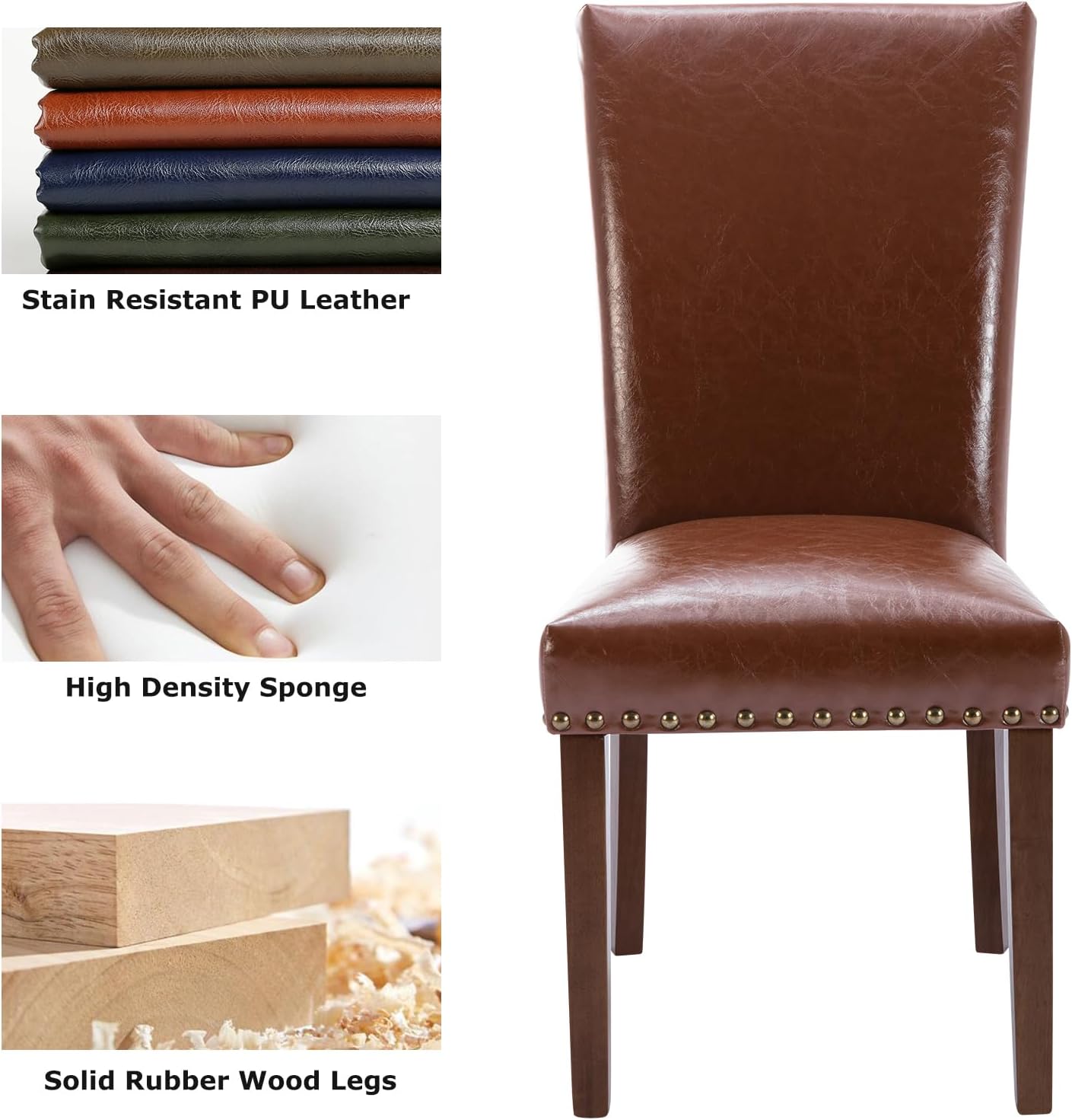 COLAMY Upholstered Parsons Dining Chairs Set of 2, PU Leather Dining Room Kitchen Side Chair with Nailhead Trim and Wood Legs - Light Brown