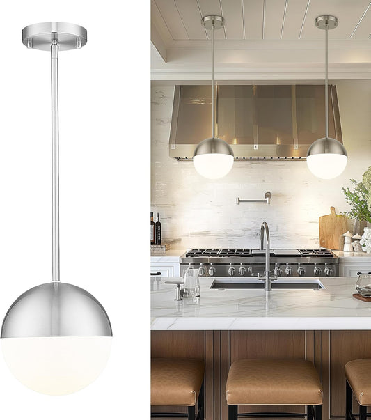 LMS Brushed Nickel Pendant Lights Kitchen Island, 8" Modern Globe Pendant Light Fixtures with Milk White Glass, Adjustable Hanging Lighting for Kitchen Island Sink Bedroom Bathroom, LMS-203