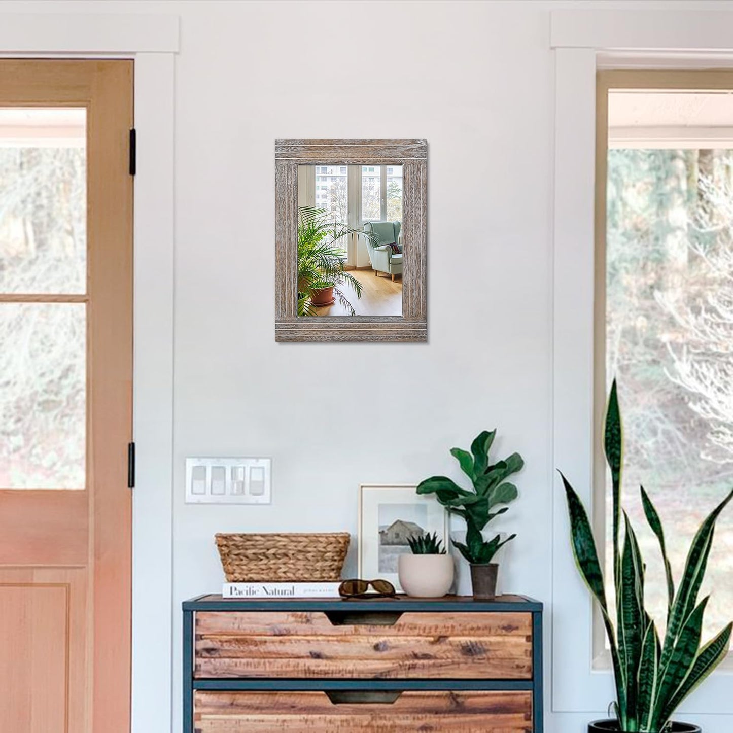 Rustic Wood Framed Wall Mirror Farmhouse Rectanglular Vintage Antique Decor Hanging Mirror for Bathroom Bedroom Living Room Entryway Small