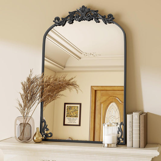 26x38 inch Vintage Arched Bathroom Mirror - Gorgeous Wall Vanity Mirror with Beautiful Retro Top and Bottom Engraving Process Frame for Entryway Hallway Living Room, Black