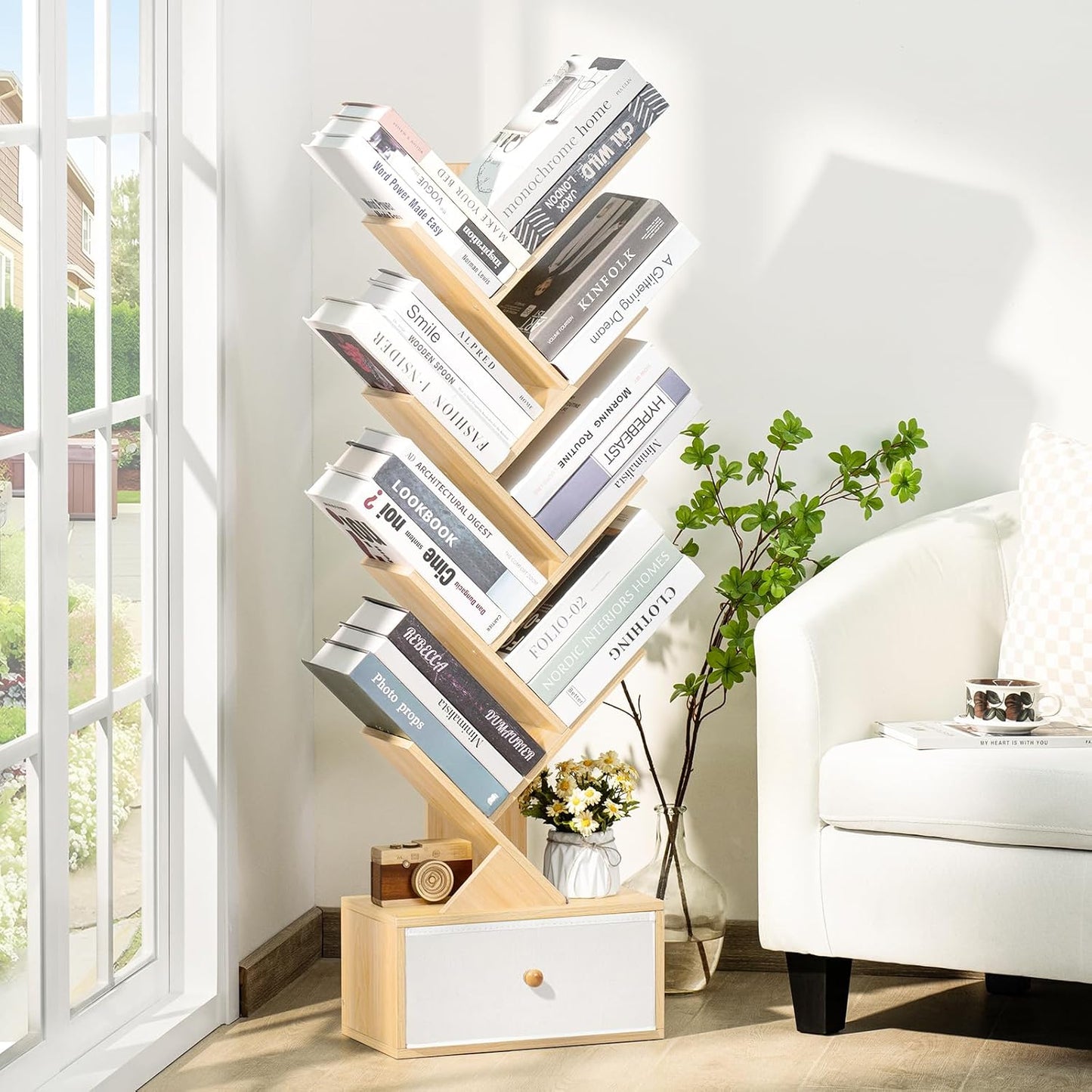 8 Tier Tree Bookshelf with Drawer, Free Standing Wood Bookcase for Narrow Space, Storage Organizer Bookshelves for Books, Book Case for Home Office, Living Room, Bedroom - Natural