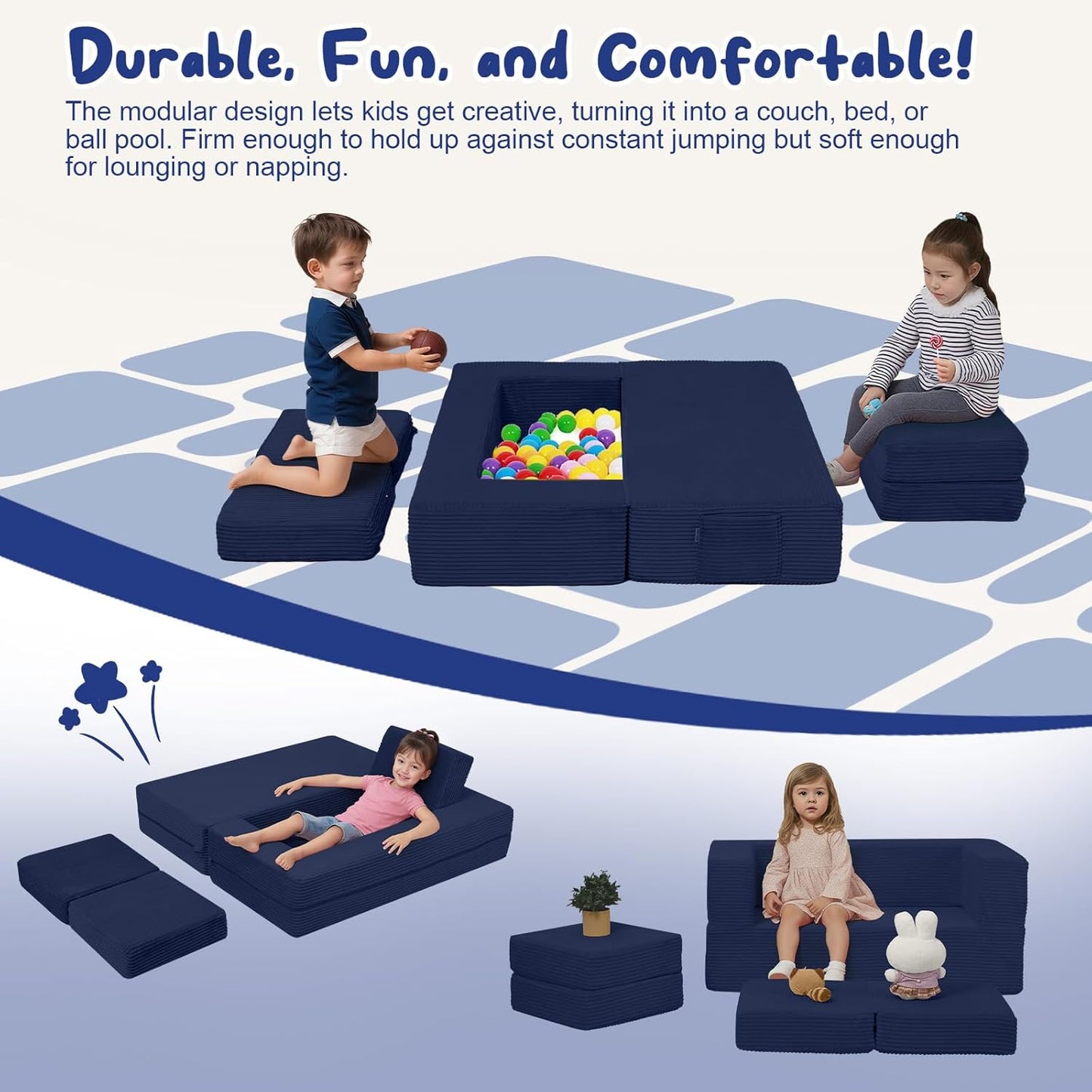 MeMoreCool Modular Kids Couch, Corduroy Play Toddler Couch for Bedroom Playroom Furniture, Convertible Foam Kids Sofa Bed, Fold Out Baby Sofa for Girl Boy, Navy