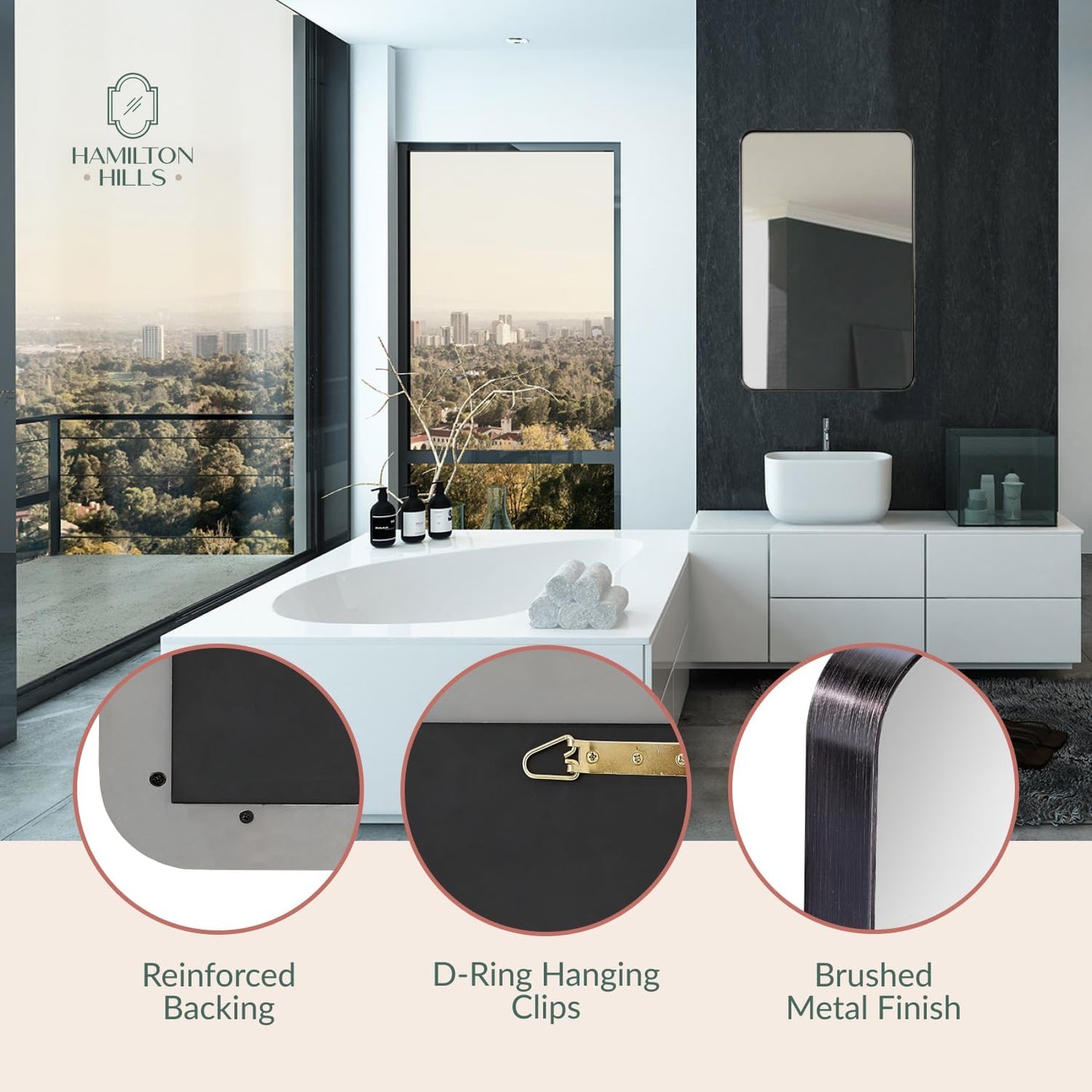 Hamilton Hills 24x36 Inch Metal Black Frame Mirror for Bathroom - Brushed Rectangular Rounded Corner Vanity - 2" Deep Set Design Large Wall Mirrors Decorative - Hangs Horizontal and Vertical