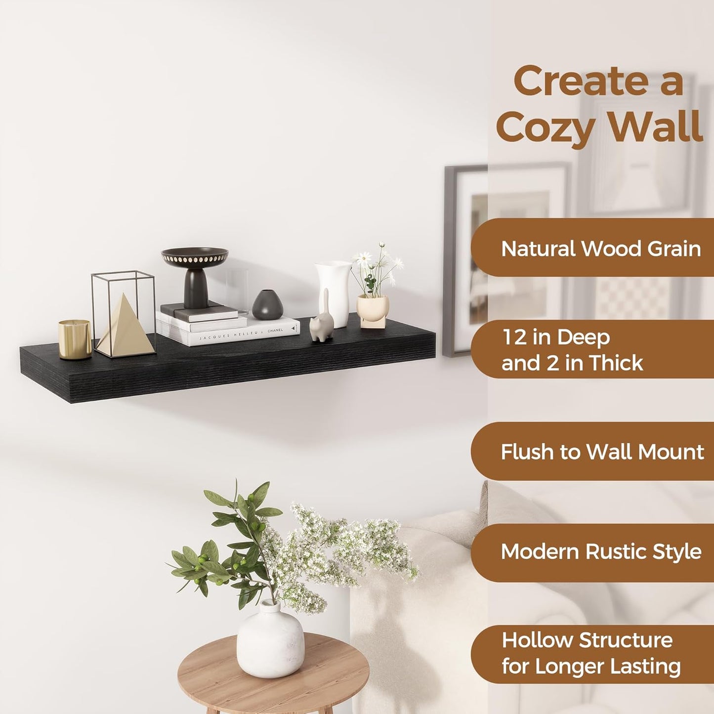 Fun Memories Black Floating Shelves 30" W x 12" D, 12 Inch Deep Floating Shelf for Books, Bathroom, Living Room, Rustic Wood Wall Shelves, 2 Inch Thicked Storage Shelf for Home Storage, Set of 2