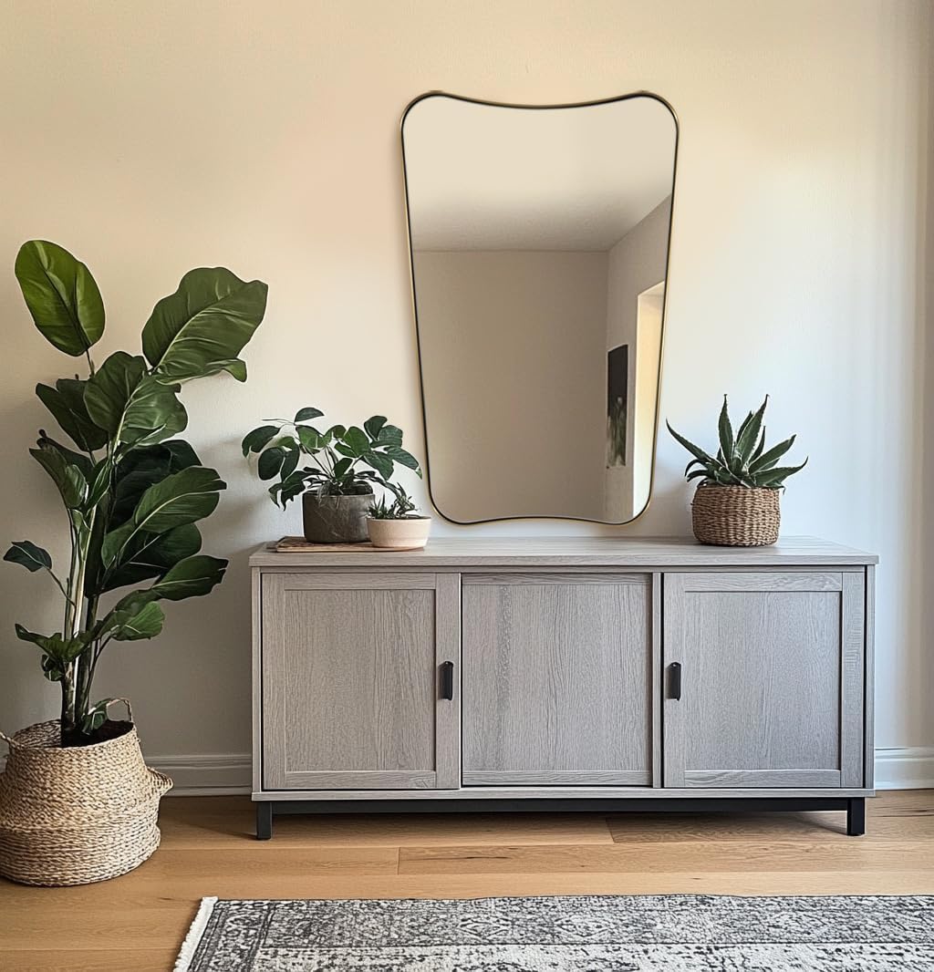 ANDY STAR 30x48 Inch Brushed Gold Mirror, Large Asymmetrical Wall Mirror, Antique Gold Mirror in Anti-Rust Stainless Steel Frame, Unique Designed Frame Ideal for Home Remodel