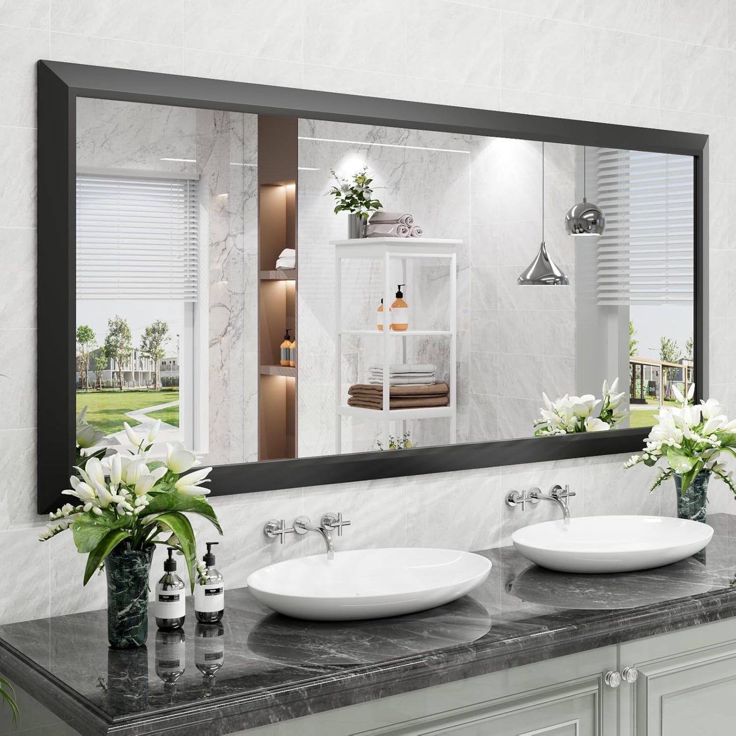 Amorho Black Bathroom Mirror, 72X32 Inch Thick Metal Framed Wall Mirrors for Over 2 Sinks, Bedroom, Living Room, Entryway, Large Rectangle Wall-Mounted Mirrors.