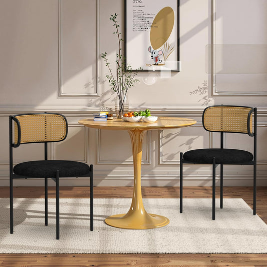 Mid Century Modern Dining Chairs Set of 2 with Rattan Backrest,Velvet Upholstered Accent Kitchen & Dining Room Chairs with Sturdy Metal Frame,Black