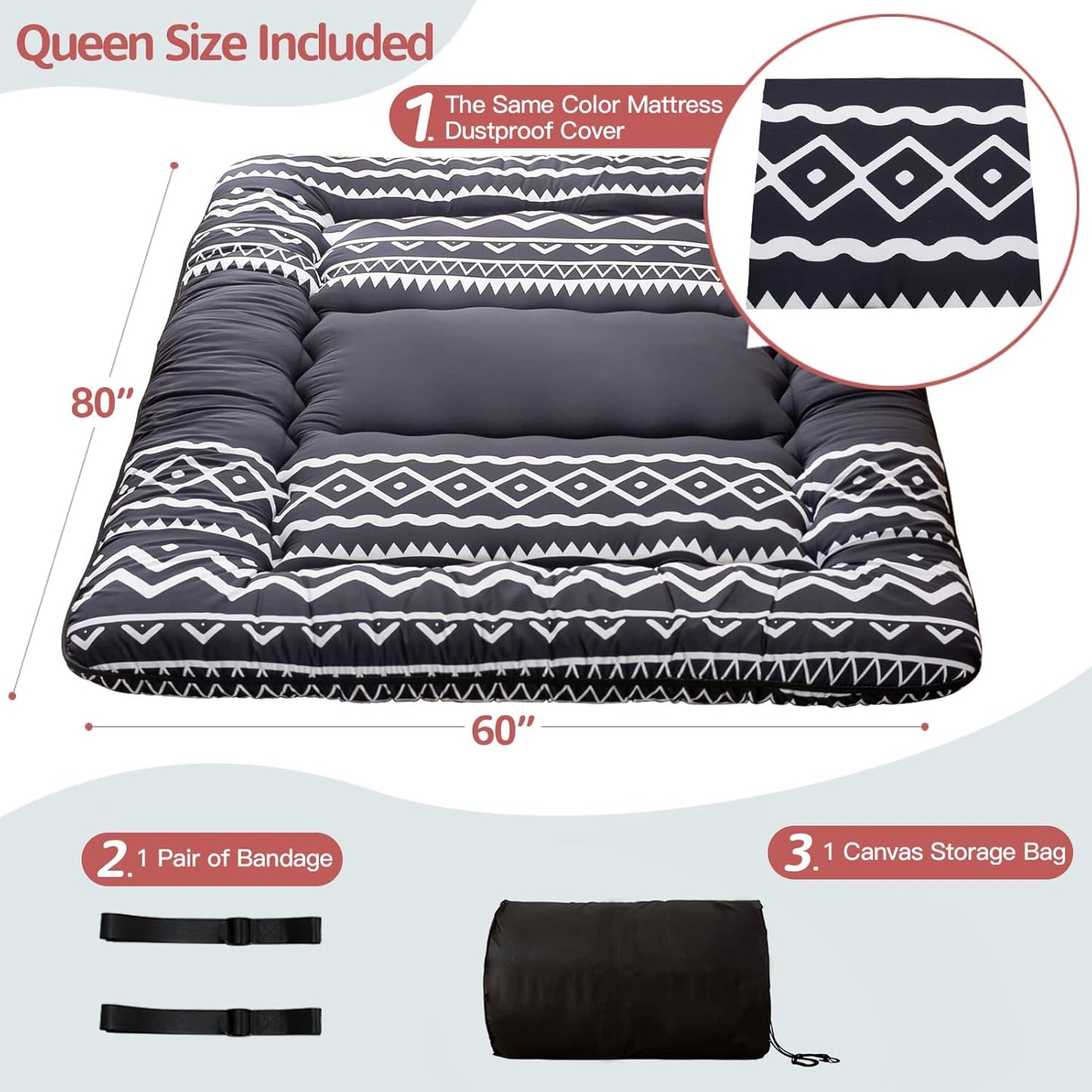 MAXYOYO Japanese Floor Mattress Futon Mattress, 4" Thicken Tatami Mat Sleeping Pad Foldable Roll Up Mat Boys Girls Dormitory Pad Kids Floor Lounger Pillow Bed, Charcoal Grey, Queen Size