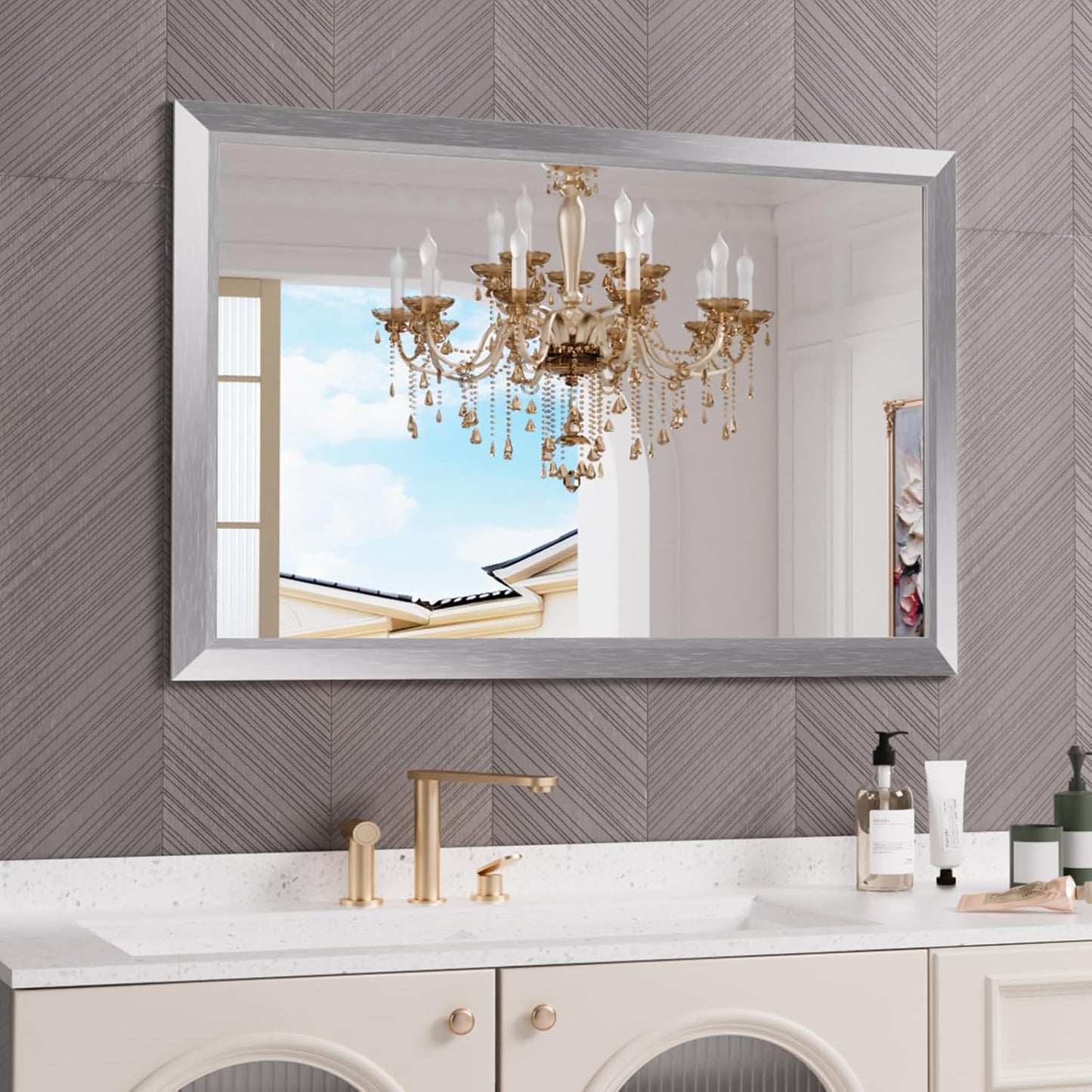 Amorho 48x32 Inch Bathroom Mirror Silver, Thick Metal Framed Wall Mirrors for Over Sink, Brushed Nickel Mirror Perfect for Bedroom, Living Room, Entryway, Rectangle (Horizontal/Vertical).
