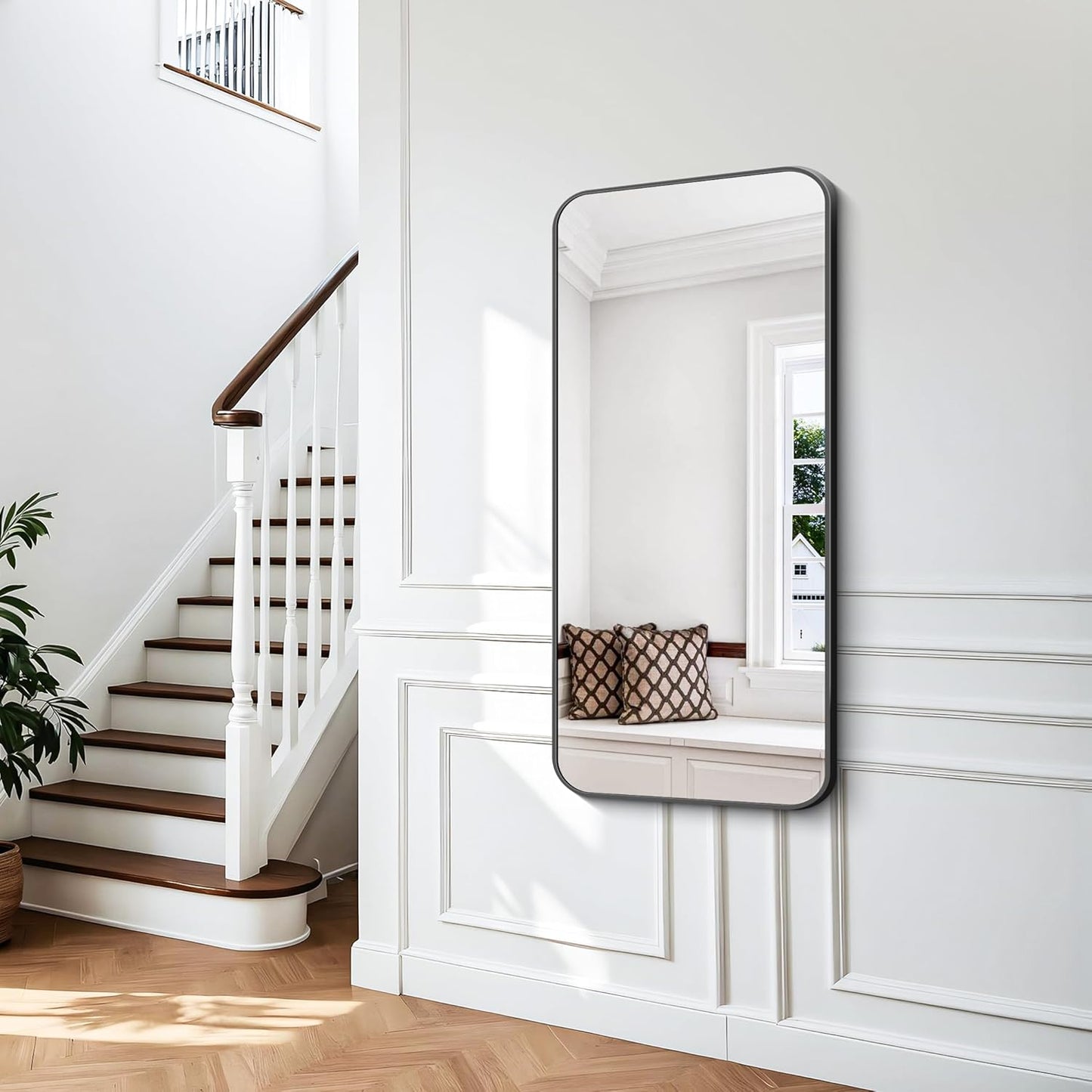 BONEWEI 24x48 inch Bathroom Mirror,Black Rectangle Mirror,Wall Mounted Bathroom Frame Vanity Mirror with Round Corner for Bedroom Living Room, Entryway Hangs Horizontal or Vertical