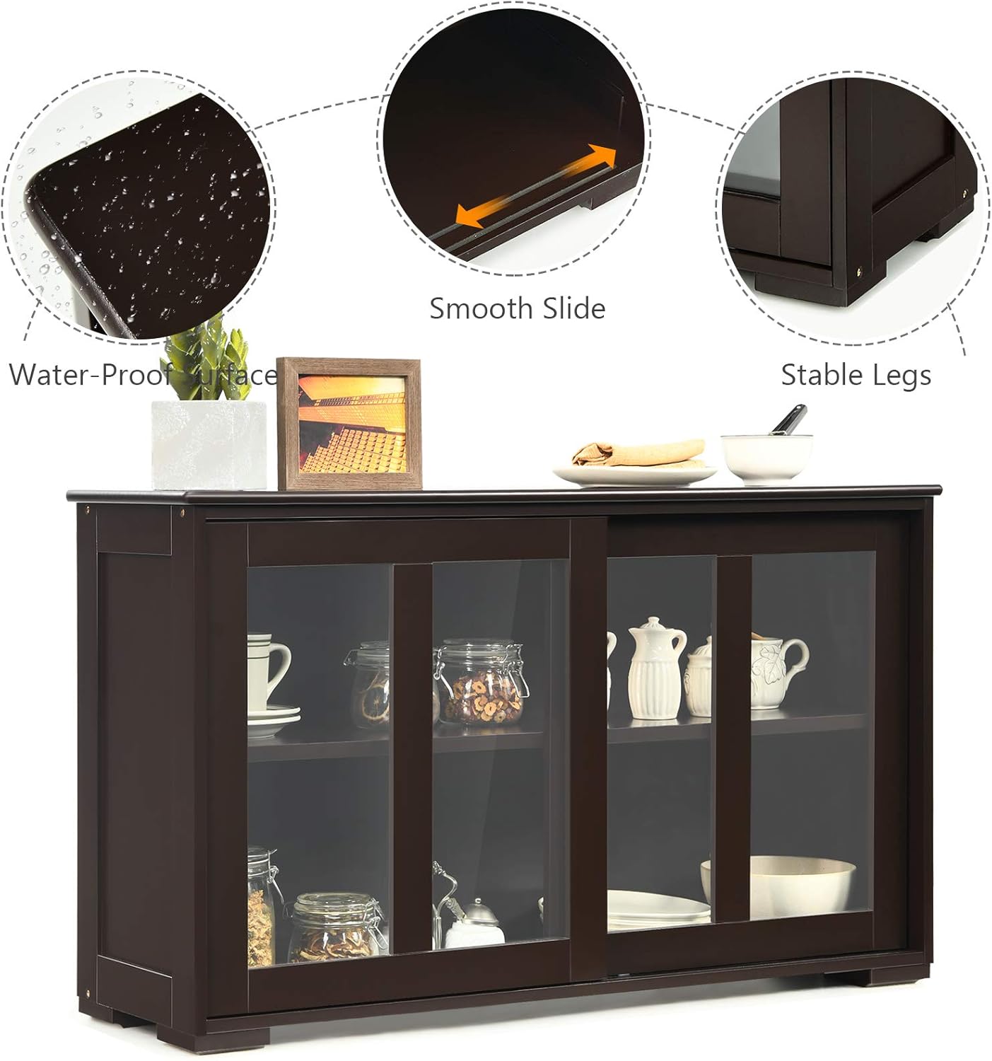 Costzon Sideboard Buffet Cabinet, Wooden Kitchen Storage Cabinet with Adjustable Shelf, Sliding Glass Doors, Accent Coffee Bar Cabinet Console Table for Living Room, Dining Room, Hallway (Coffee)