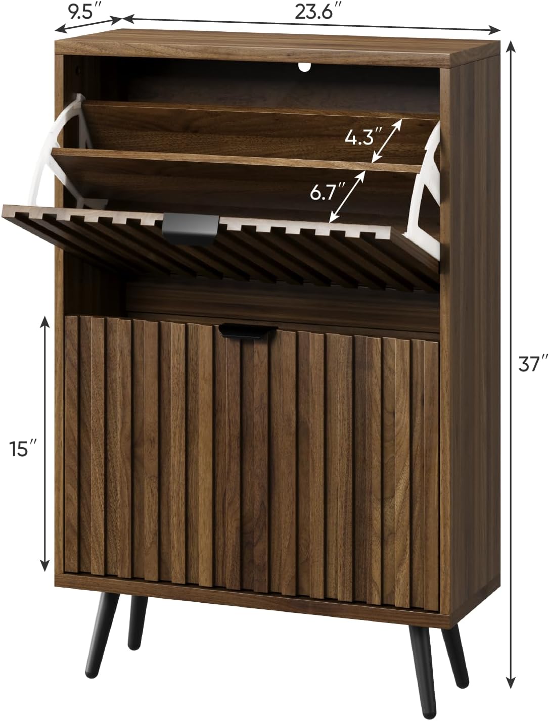 Smuxee Shoe Cabinet with 2 Flip Drawers, 23.6" Walnut Hidden Shoe Storage Cabinet with Fluted Design, Freestanding Shoe Organizer Cabinet for Entryway, Hallway, Closet, Living Room