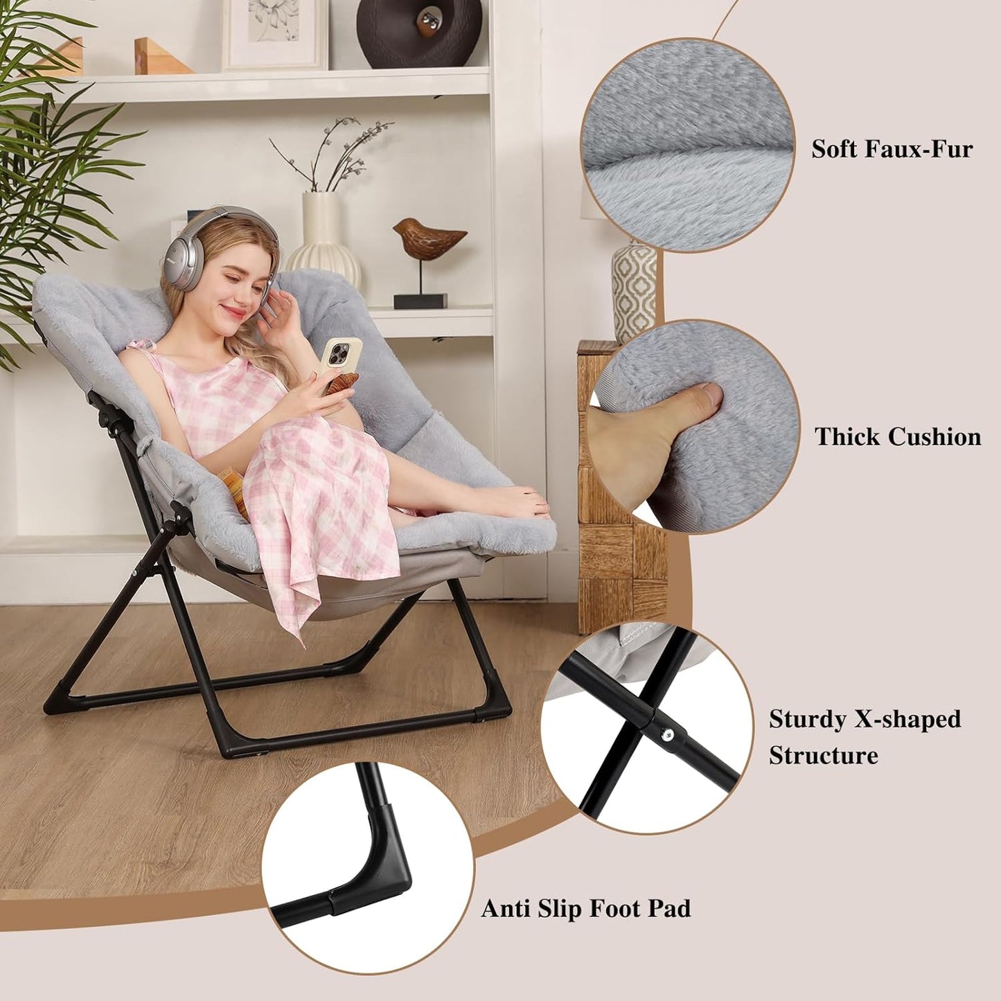 Comfy Saucer Chair for Adults, Soft Faux Fur Bedroom Chair, Accent Dorm Chairs, Flexible Living Room Reading Chairs, Oversized Folding Lounge Seat for Teens, X-Large, Grey