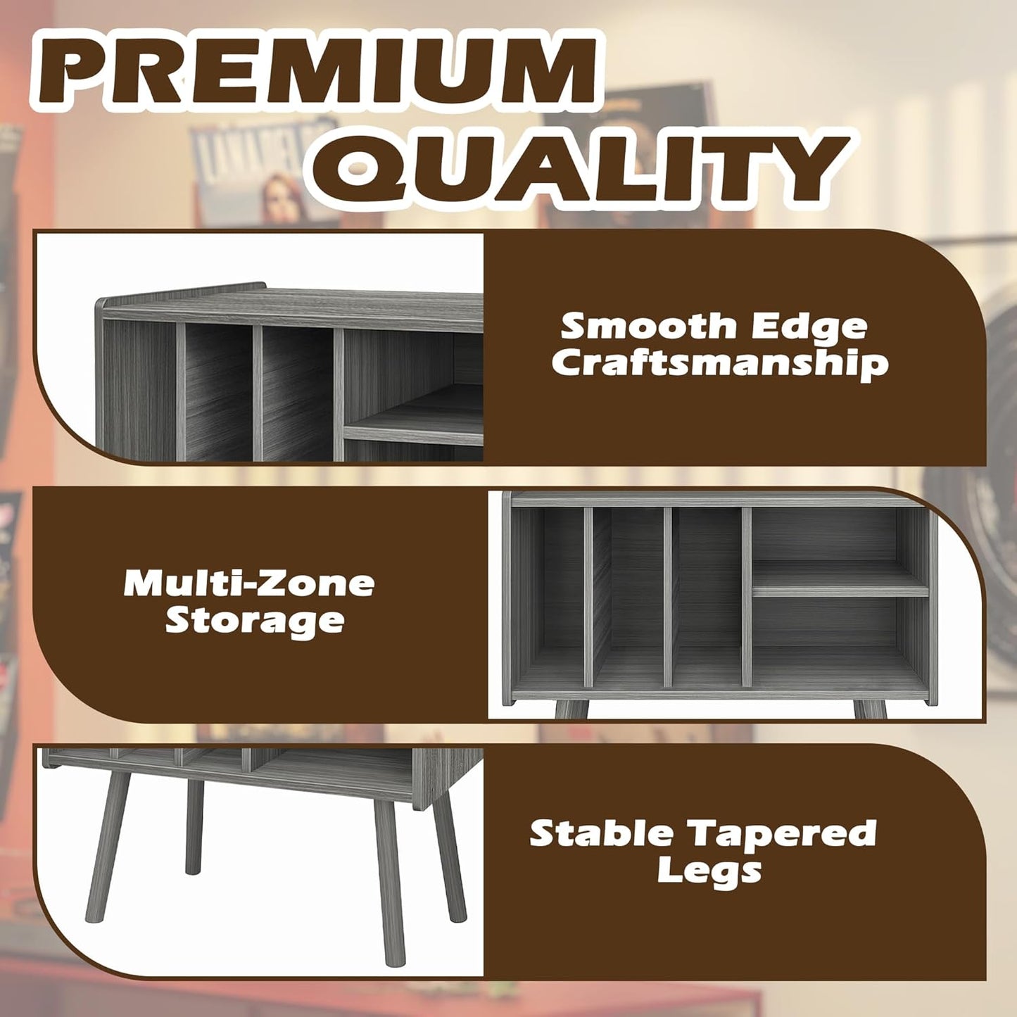 Record Player Stand with Vinyl Storage, Wooden Record Player Table with 5 Cabinet, Large Vinyl Record Player Stand, Record Player Holder, Record Player Shelf for Office Living Room, Gray