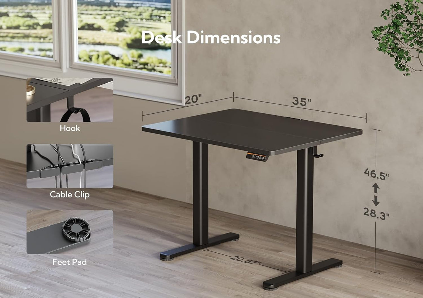 Claiks Electric Height Adjustable Stand Up Desk, 35x20 Inches Sit Stand Desk for Home Office, Black Top/Black Frame