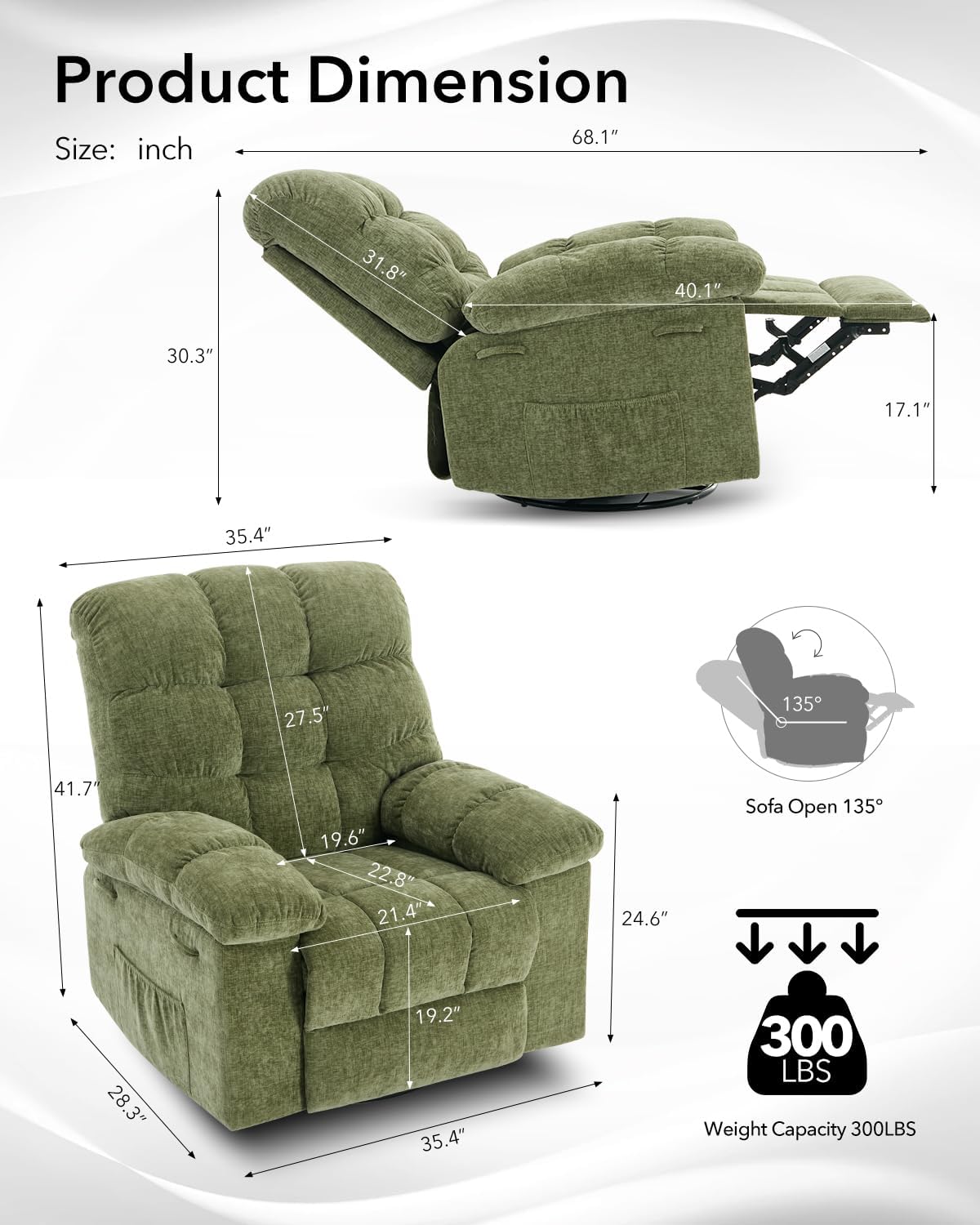 Rocking Recliner Chair,360° Swivel Rocker Chair for Living Room,Upholstered Fabric Glider Nursery Chair with Side Pockets for Small Spaces,Q235 Steel Frame Lazy Boy Recliner Single Sofa(Green)