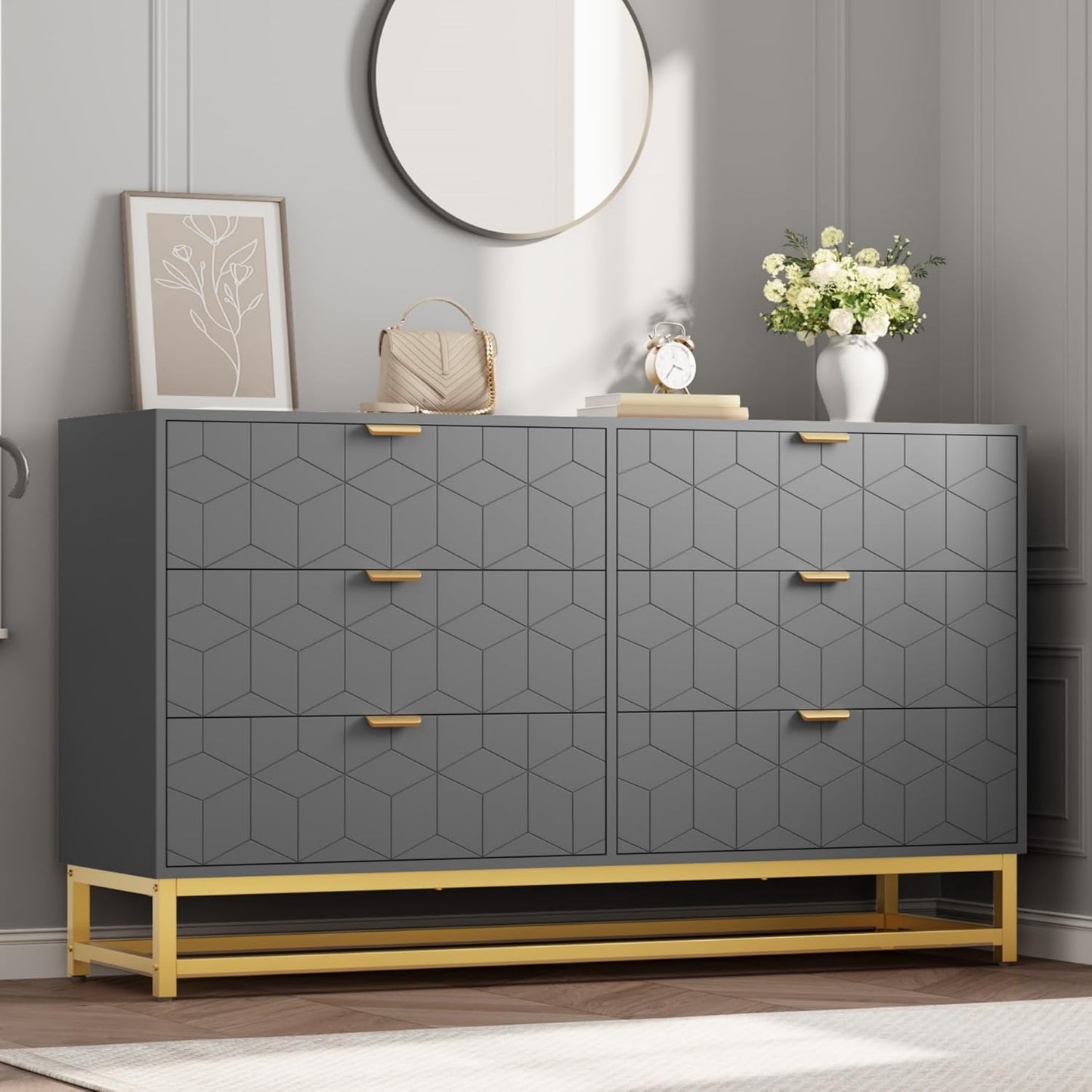 Dresser for Bedroom, 53.5" Large Dresser Organizer, 6 Drawer with Golden Metal Handle and Legs, Modern Chest of Drawers, Grey Dressers with Drawers for Closet, Hallway, Living Room, Entryway