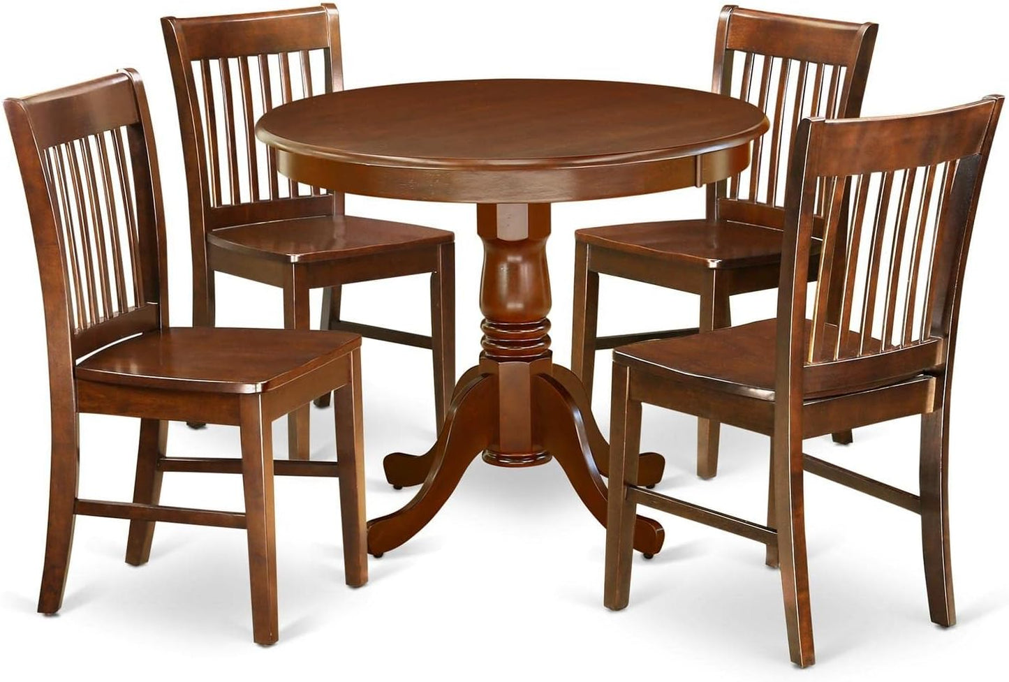 East West Furniture ANNO5-MAH-W 5 Piece Dining Set Includes a Round Dining Room Table with Pedestal and 4 Wood Seat Chairs, 36x36 Inch, Mahogany