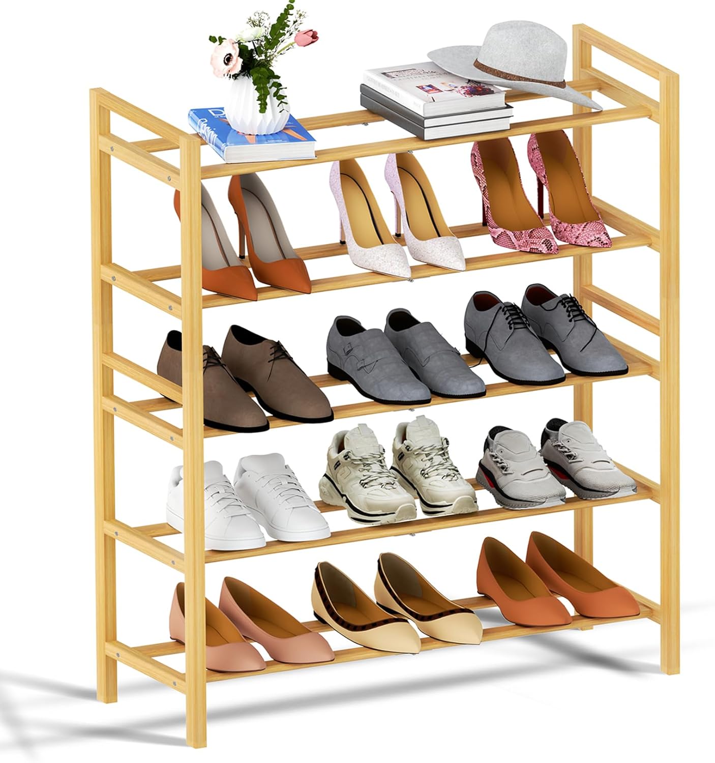 Haddockway Bamboo Shoe Rack for Closet, Free Standing Shoe Organizer with Smooth Round Rods & Convenient Handles, Stackable Shoe Storage Shelf for Entryway, Hallway(Natural, 5-Tier)