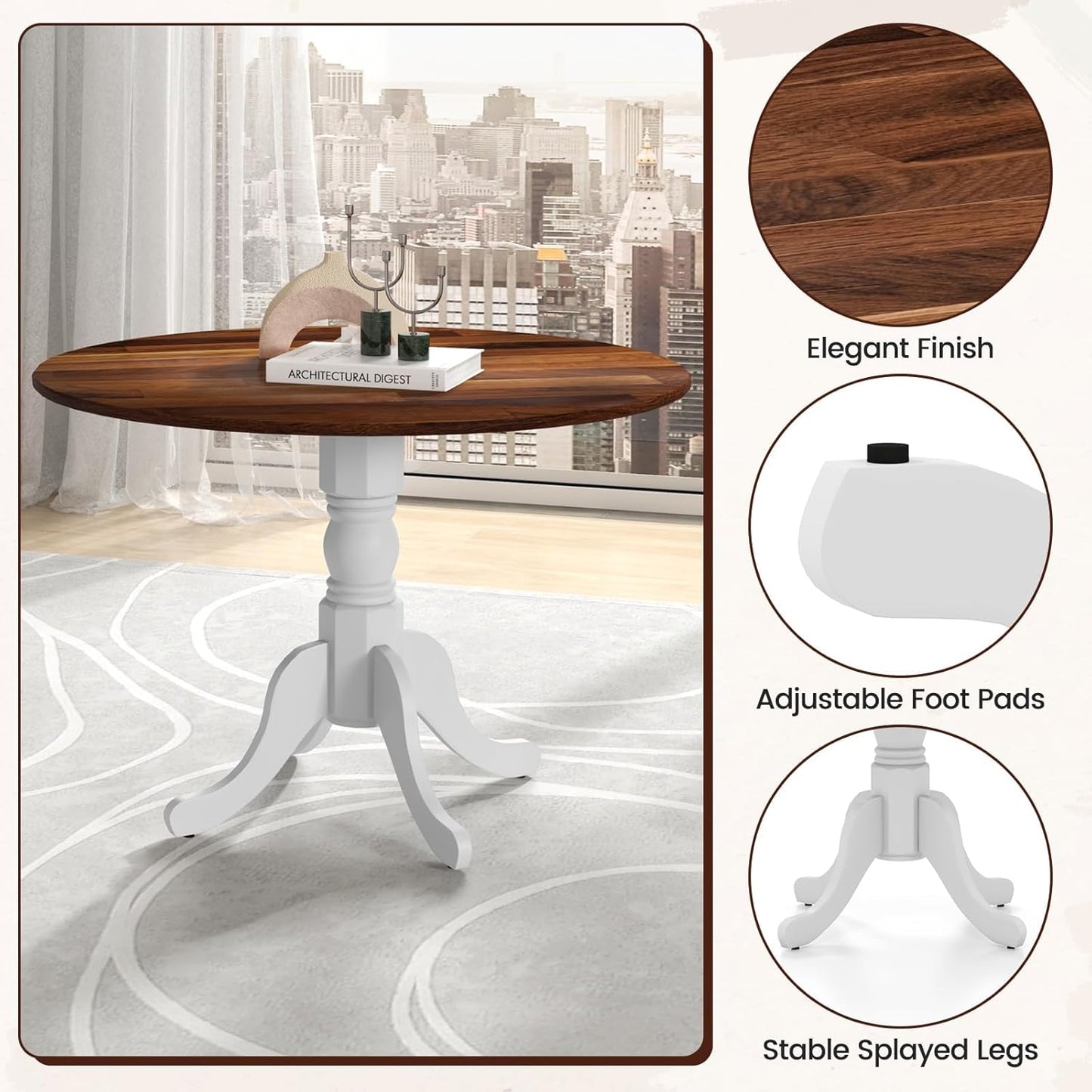 COSTWAY Round Dining Table for 4, 39 inch Kitchen Table with Solid Rubber Wood Frame, Adjustable Foot Pads, Curved Trestle Legs, Mid Century Rustic Dinning Table for Living Room (Walnut+White)