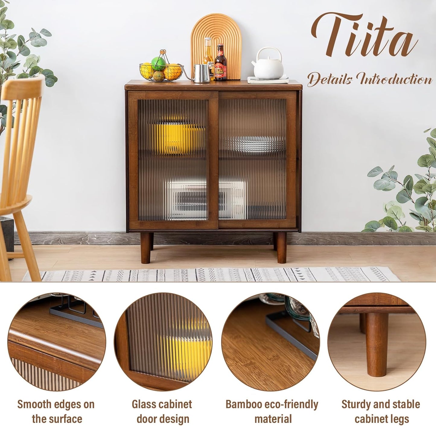 Tiita Bamboo Sideboard Buffet Cabinet, Rattan Kitchen Storage Cabinet, Boho Coffee Bar Tables for Kitchen Living Room Hallway Office, Walnut