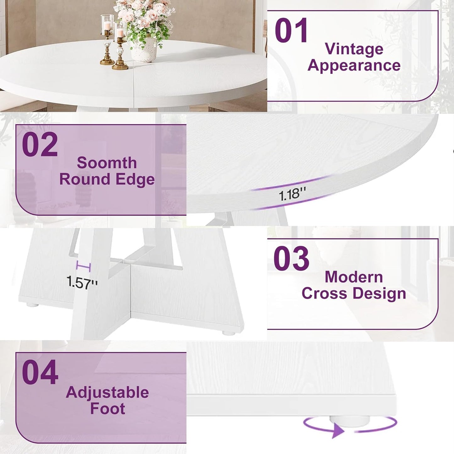 Round Dining Table for 4, 47" Wooden Kitchen Dinner Table Rustic, Farmhouse Table for Dining Room, Living Room, White