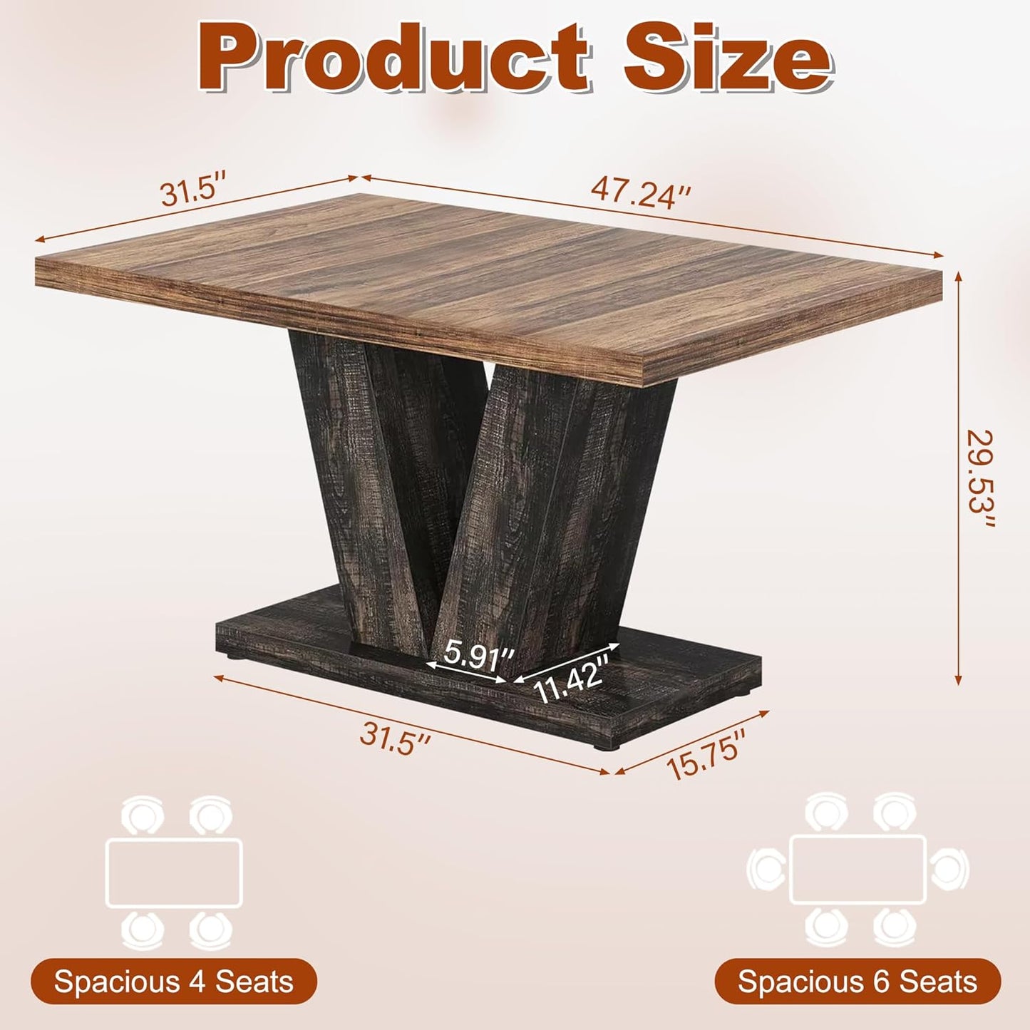 47 Inch Dining Table for 4, Farmhouse Dinner Table Wooden Kitchen Tables with Heavy Duty Pedestal for Dining Room, Kitchen, Living Room, Brown & Black