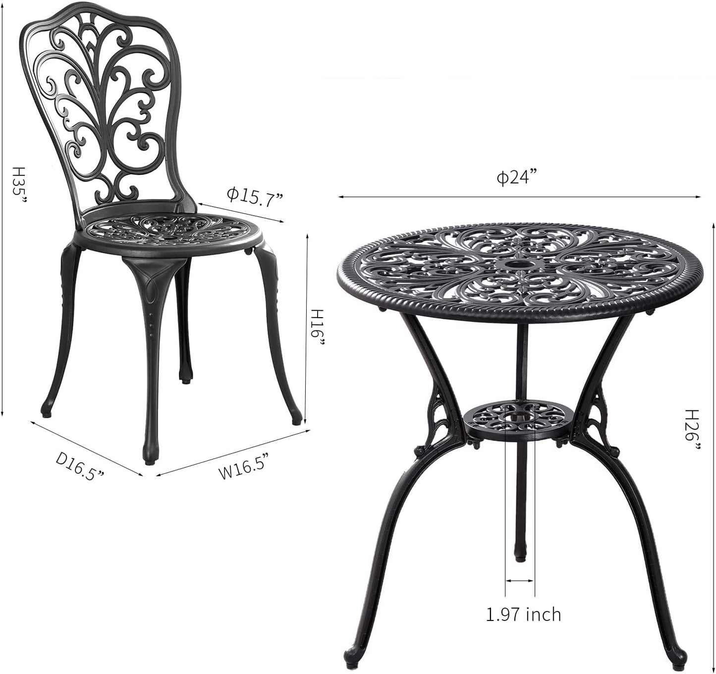 Outdoor Bistro Set 3 Piece Patio Bistro Set, Cast Aluminum Bistro Table and Chairs Set of 2, Small Patio Table Set for Porch, Black