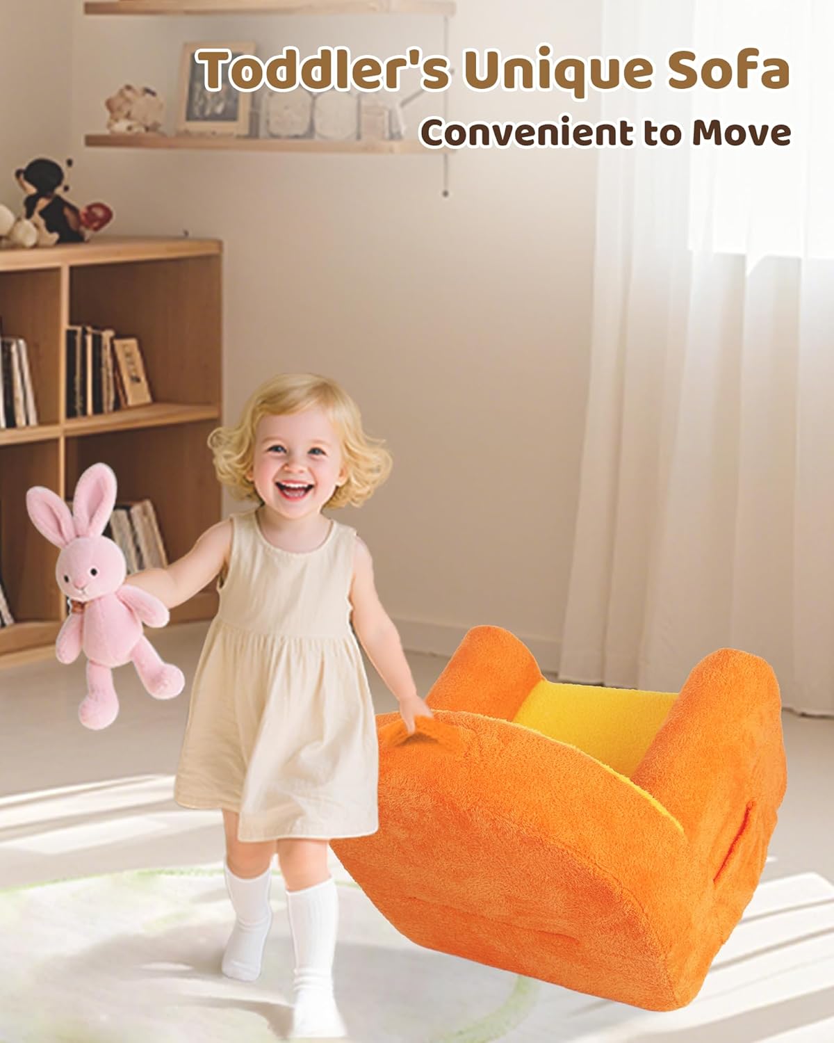 Toddler Chair, Comfy Foam Kids Couch with Soft Velvet Cover, Toddler Couch with Cute Orange Design for Gaming and Studying, Kids Sofa for Boys and Girls