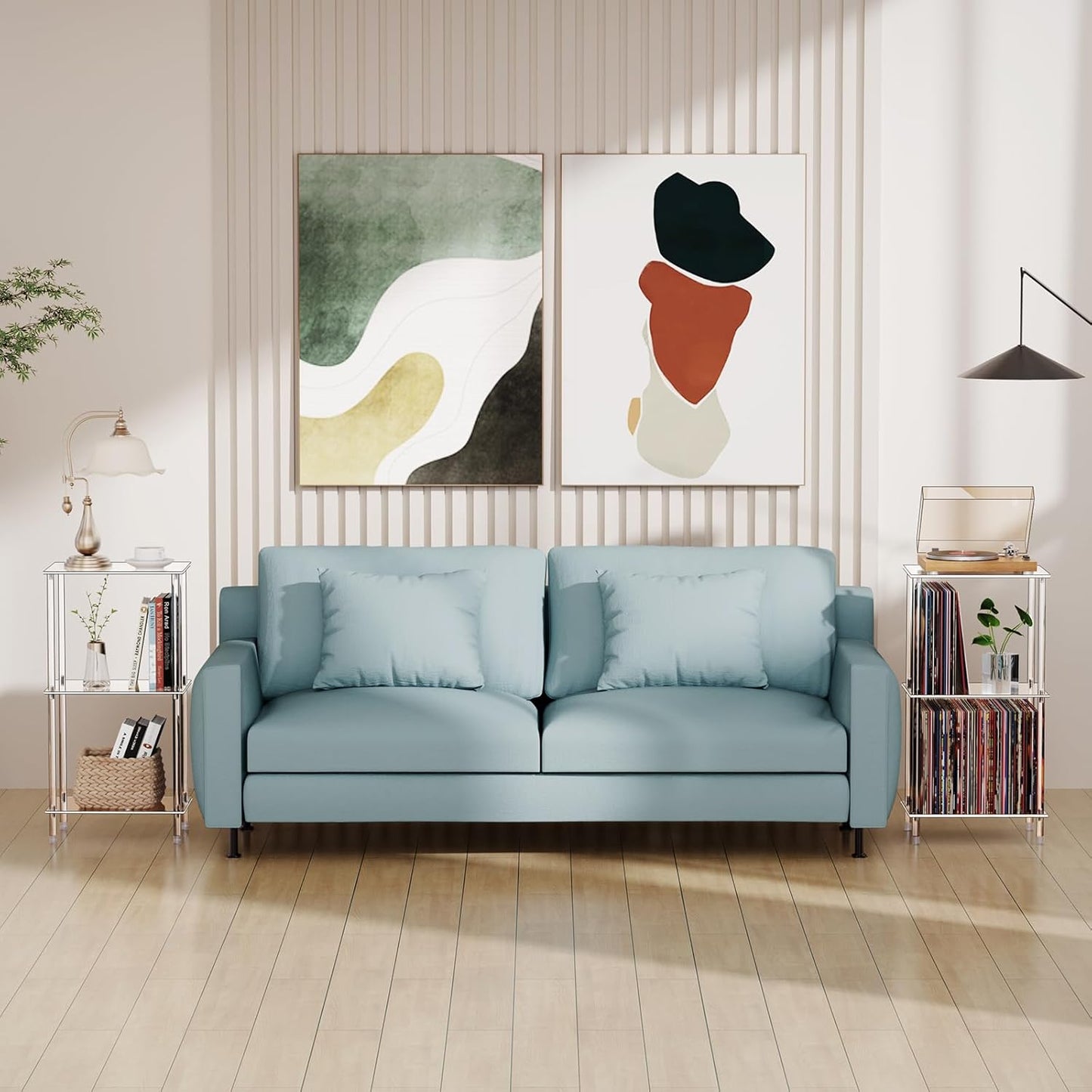 Acrylic Record Player Stand Set of 2, 3-Tier Clear Turntable Table with Vinyl Record Storage, 15.75" L x 11.81" W x 30.7" H, Tall Modern Side Table/End Table for Living Room, Bedroom