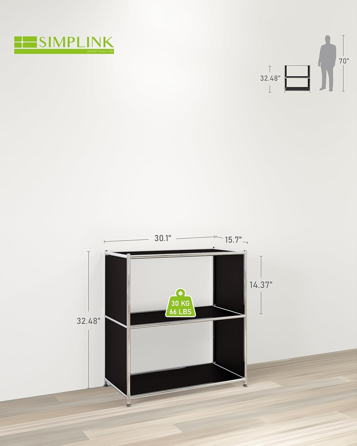 32-Inch 2-Tier Metal Bookcase, Open Shelf Storage Organizer for Living Room, Bedroom, Side Table or Nightstand Use, Modern DIY Assembly, Black