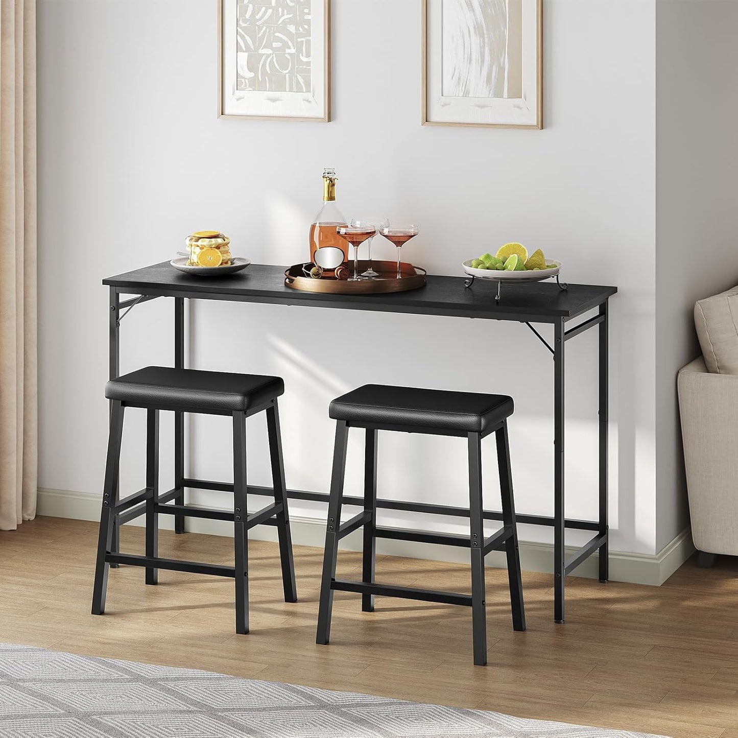 HOOBRO Bar Stools, 24" Set of 2 Bar Chairs, PU Leather Upholstered Breakfast Stools, Easy Assembly, Suitable for Kitchen, Bar, Dining Room, Black BB01MD01