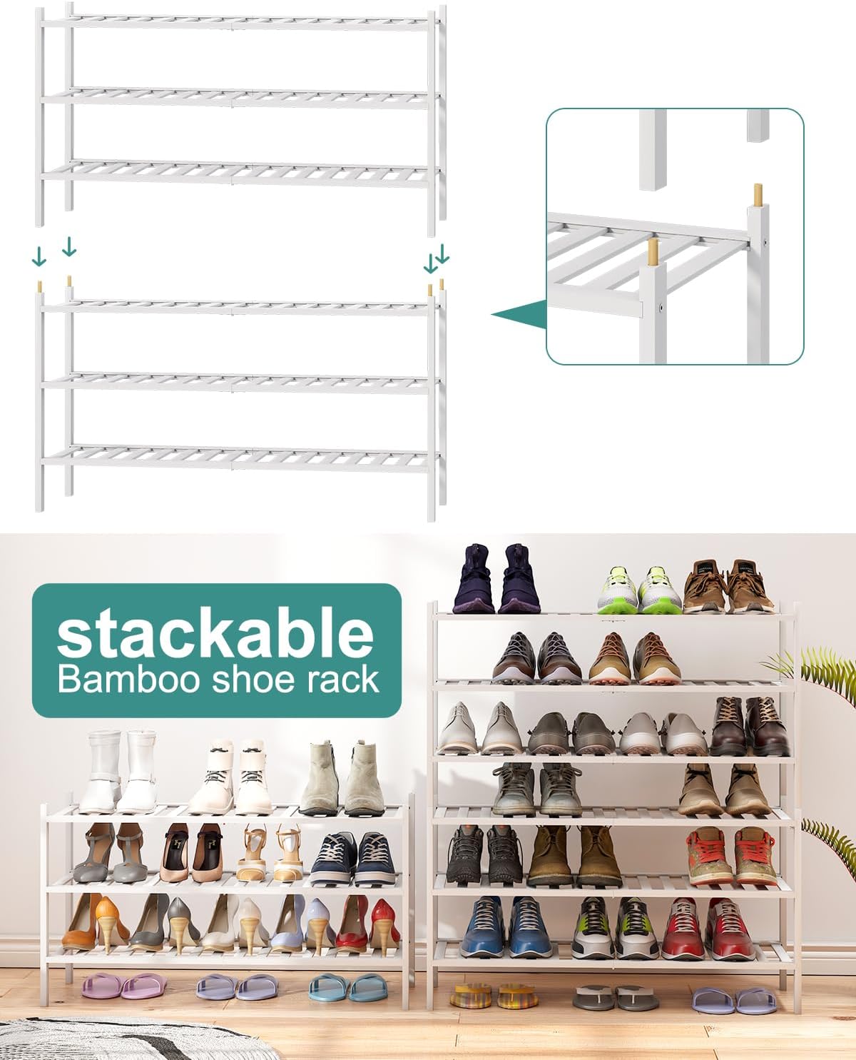 3-Tier Long Shoe Rack, Bamboo Wood Shoe Rack for Closet, Entryway & Hallway, Stackable White Shoe Shelf Storage Organizer for Indoor Outdoor