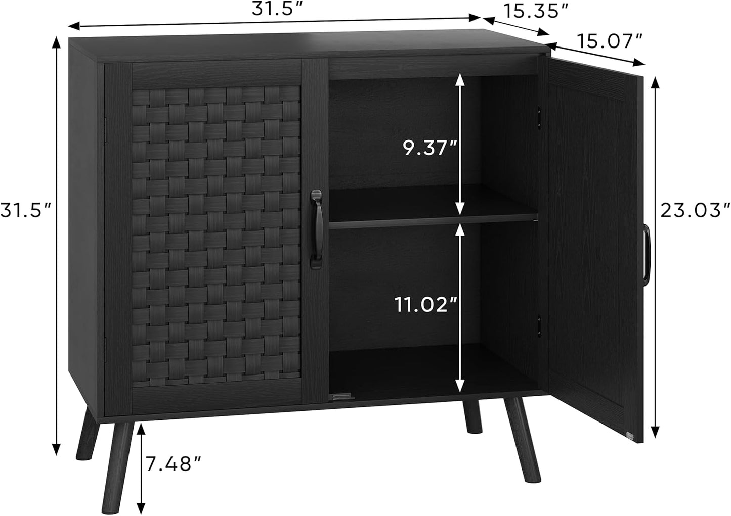 Smuxee Black Sideboard, Freestanding Buffet Cabinet with 2 PVC Rattan Doors, Storage Cabinet with Adjustable Shelf for Living Room, Entryway, Hallway