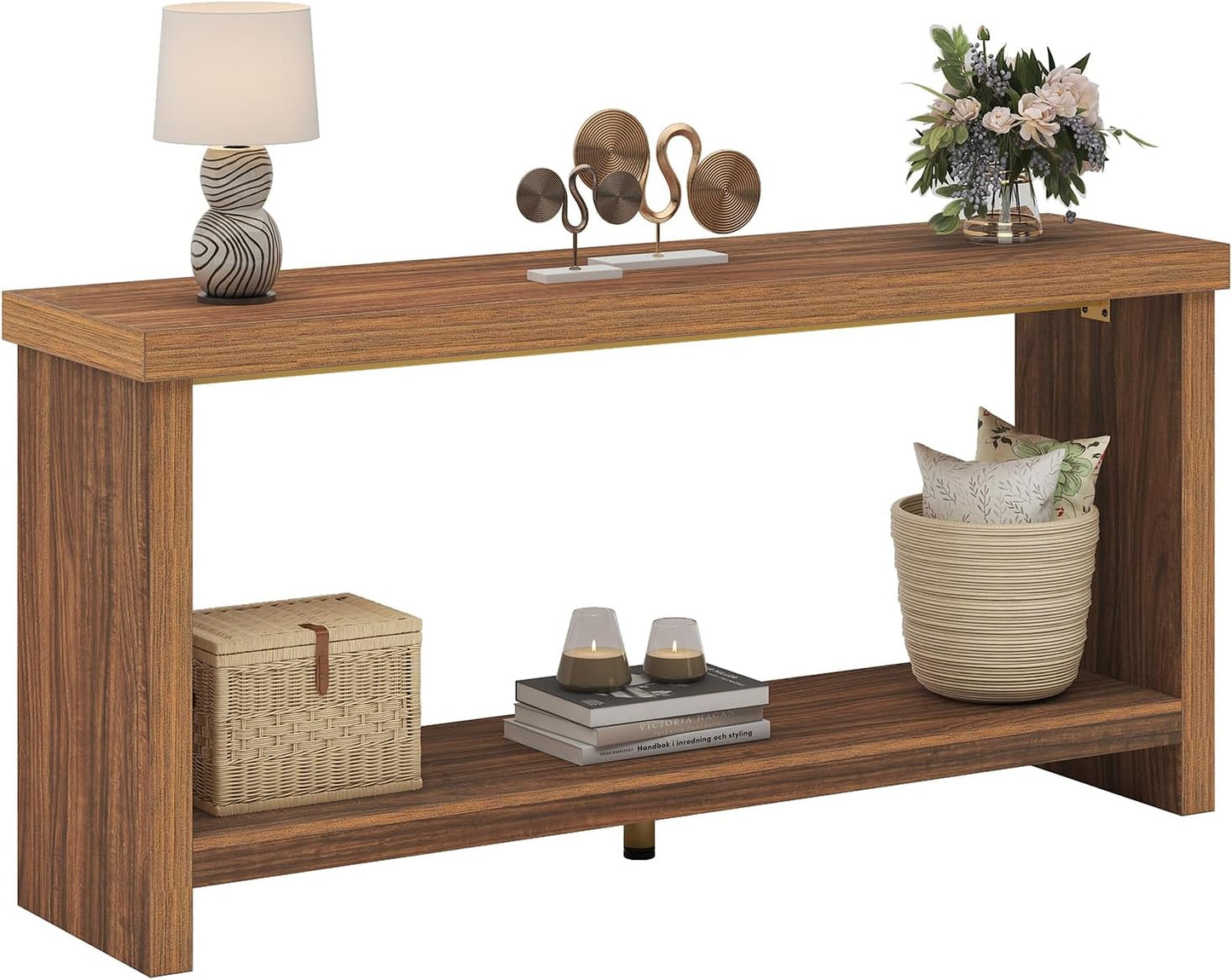 63 Inches Narrow Console Table, 2-Tier Long Sofa Tables Behind Couch Table, Farmhouse Foyer Tables for Entryway, Hallway, Living Room, Rustic Brown