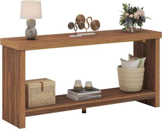 63 Inches Narrow Console Table, 2-Tier Long Sofa Tables Behind Couch Table, Farmhouse Foyer Tables for Entryway, Hallway, Living Room, Rustic Brown