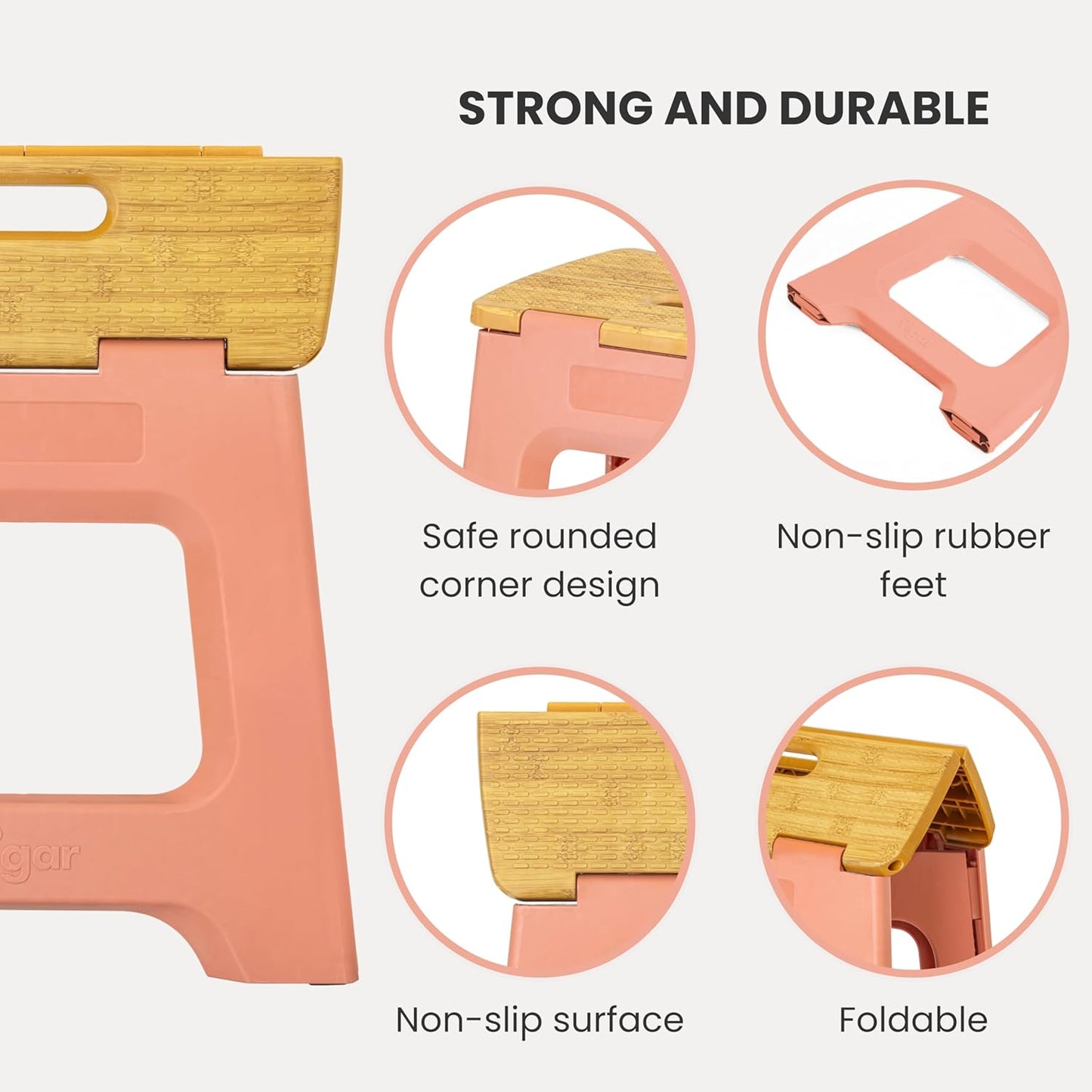 Vigar Compact Step Stool Foldable, 12-1/2-inch Step Stools for Adults up to 330 Pound, Lightweight Stool, Non-Slip Folding Step Stool, Sunrise Orange, Bamboo Print on Top